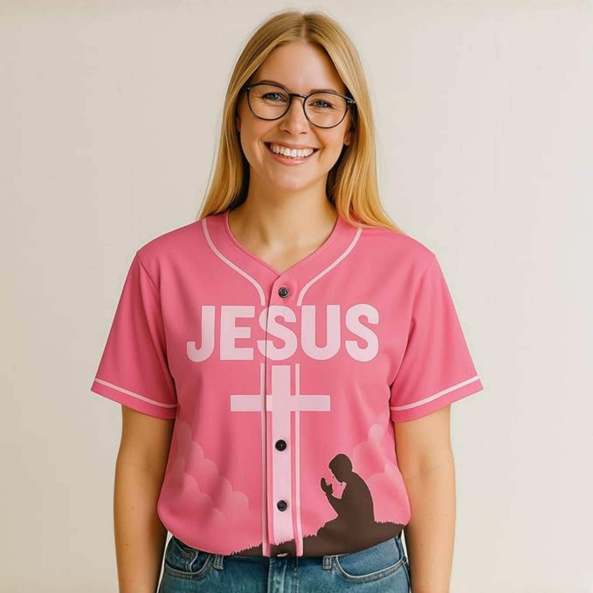 Custom Religious Baseball Jersey – Jesus and Pink Clouds Christian Design Add Your Name