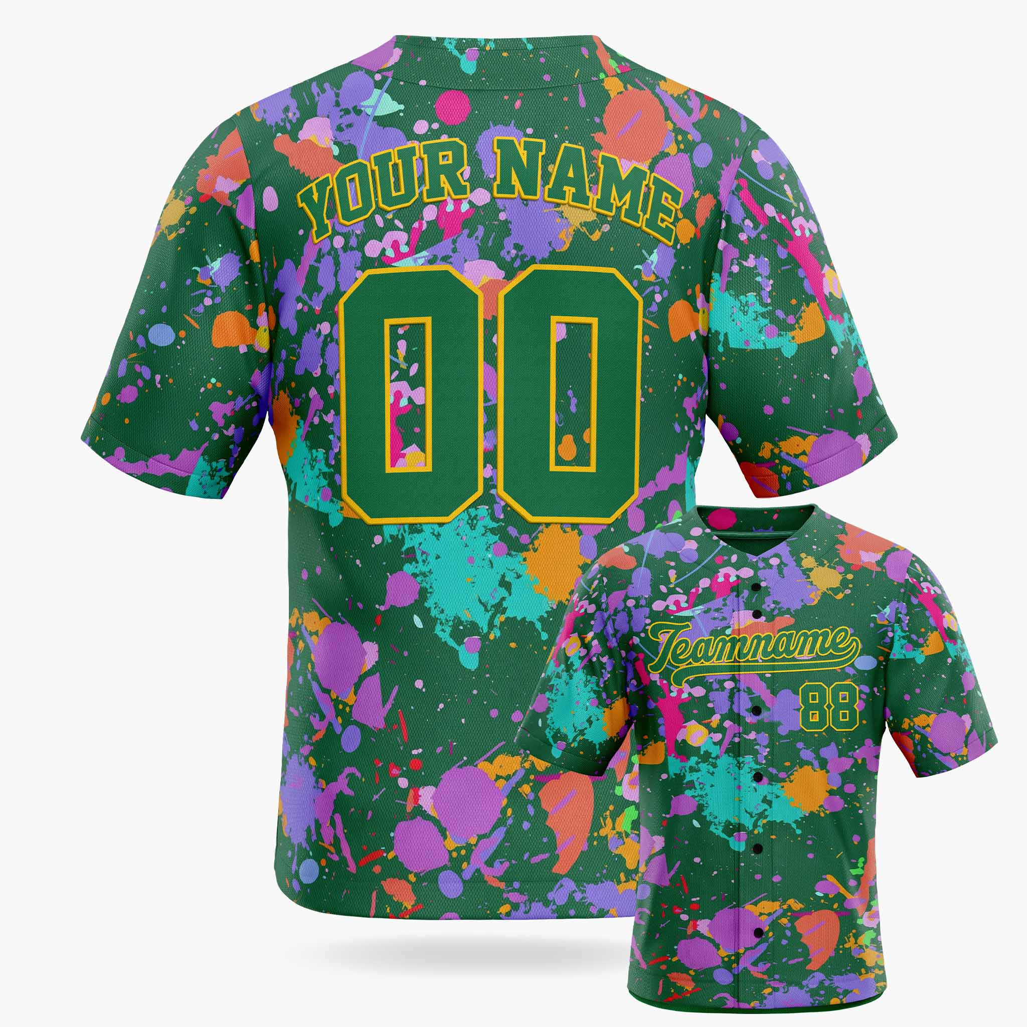 Custom Baseball Jersey Kelly Green and Gold Paint Splatter - Design Your Own