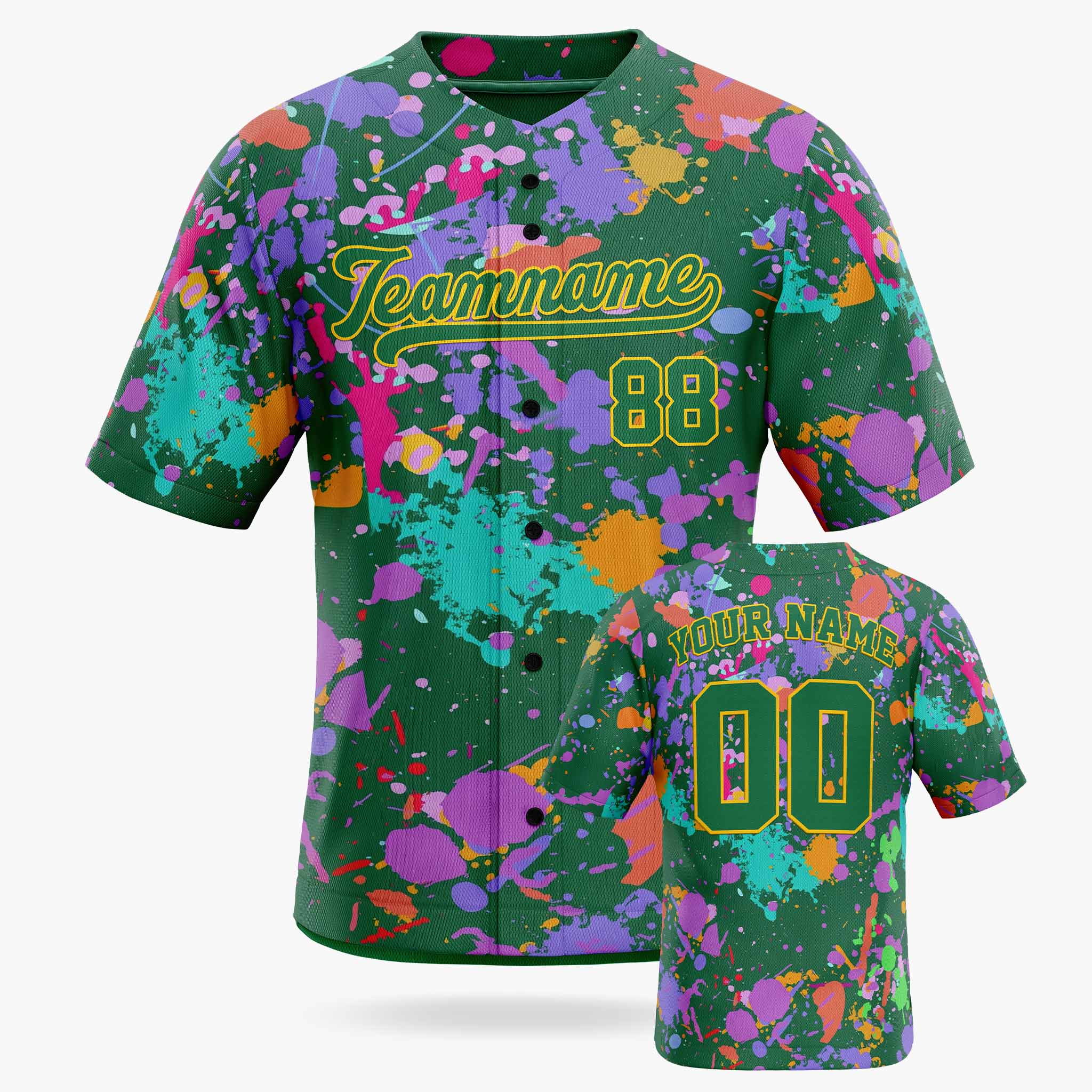 Custom Baseball Jersey Kelly Green and Gold Paint Splatter - Design Your Own