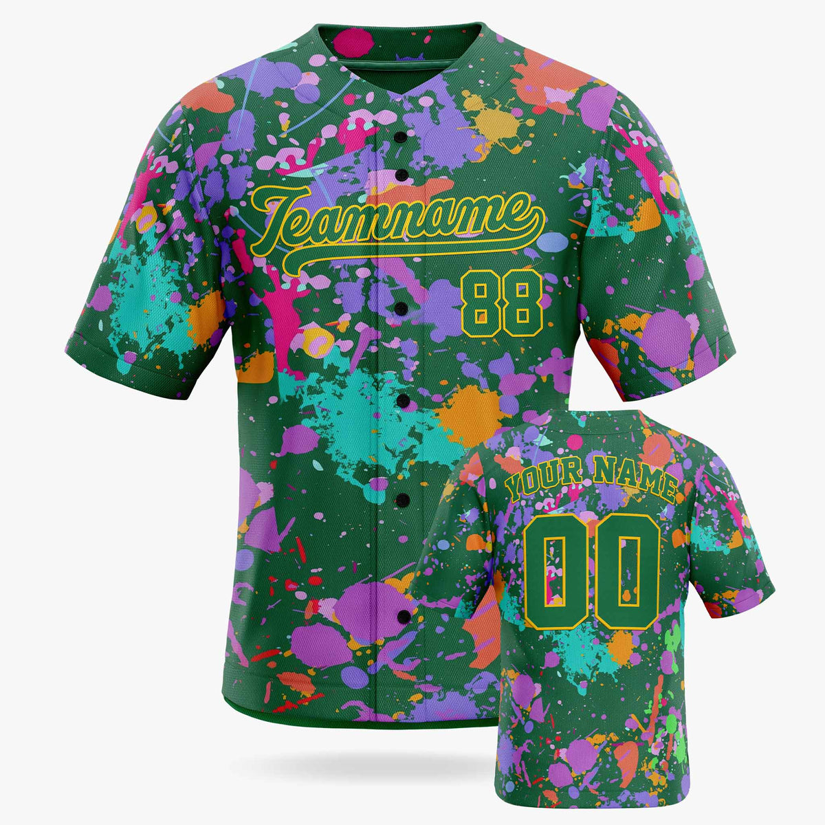Custom Baseball Jersey Kelly Green and Gold Paint Splatter - Design Your Own