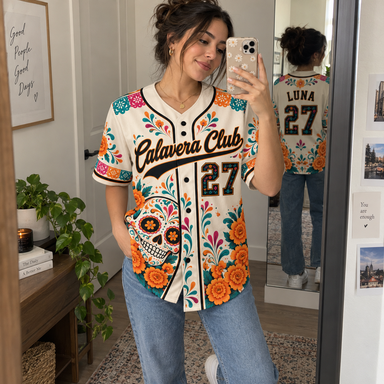 Personalized Sugar Skull Floral Baseball Jersey – Custom Name & Number Day of the Dead Jersey
