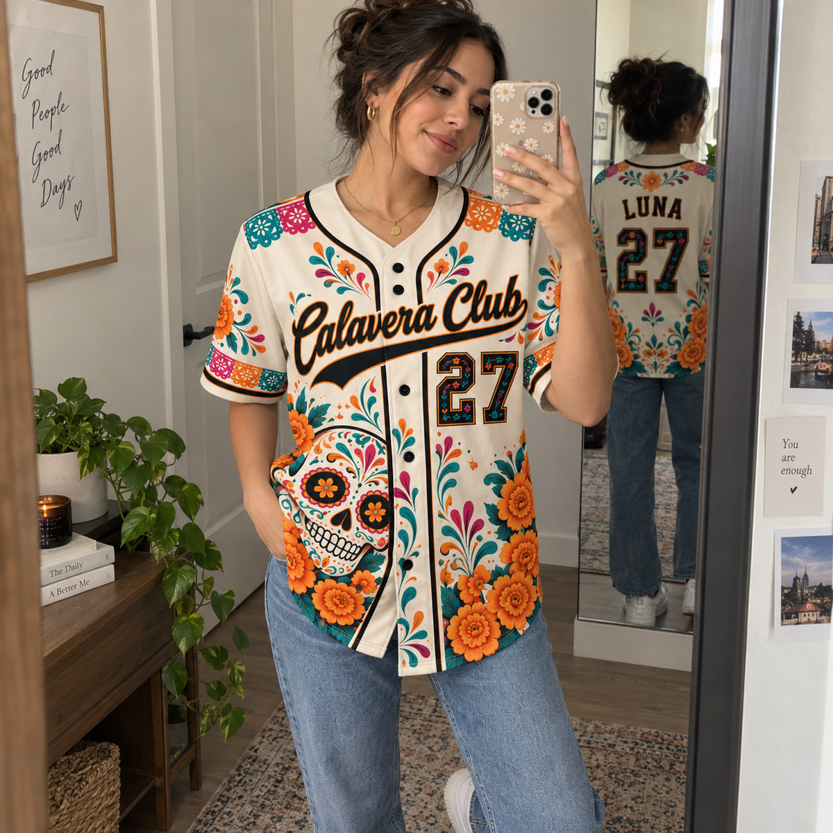 Personalized Día de los Muertos Baseball Jersey – Custom Name & Number Floral Sugar Skull Jersey