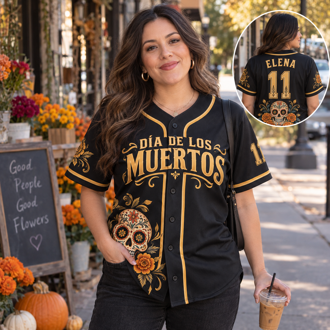 Personalized Día de los Muertos Baseball Jersey – Black Gold Custom Name & Number Sugar Skull Jersey