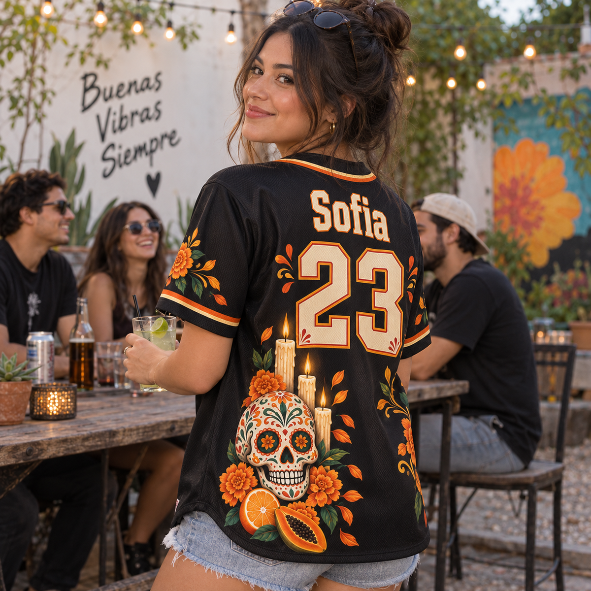 Personalized Día de los Muertos Baseball Jersey – Custom Name & Number Floral Sugar Skull Jersey