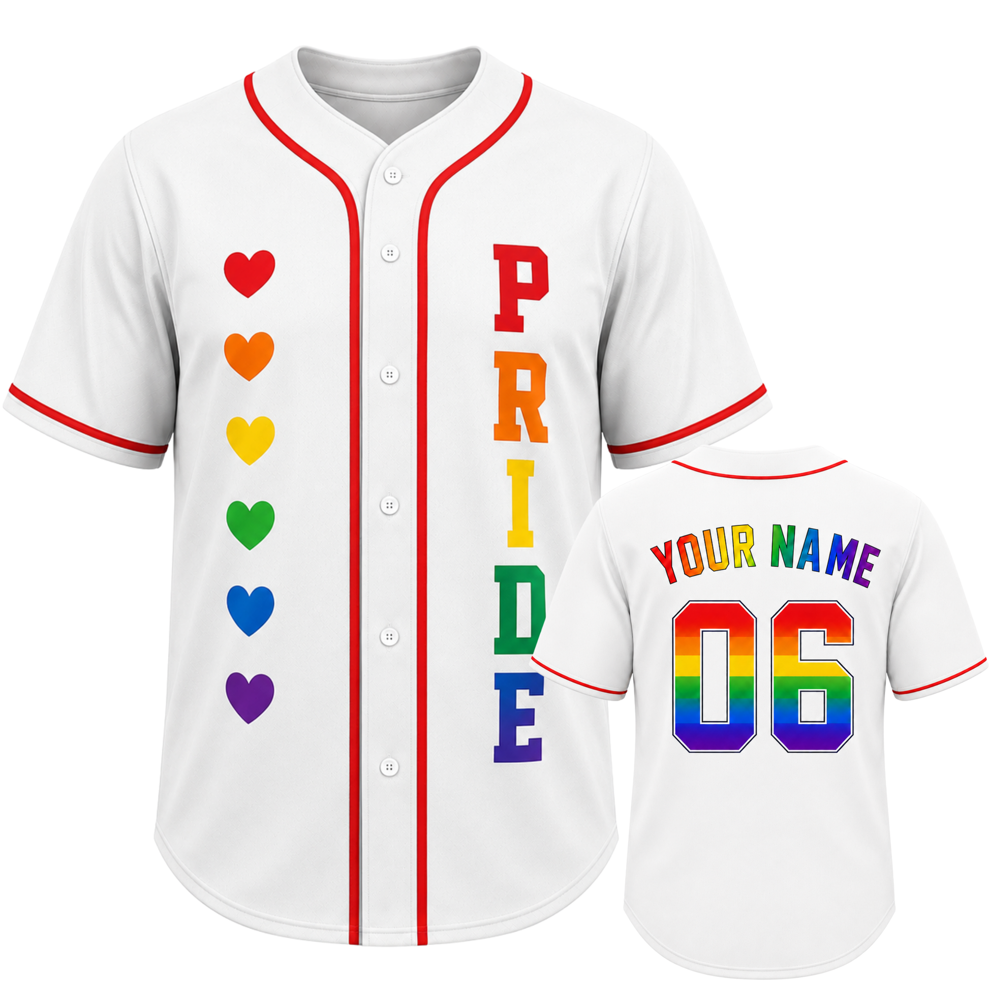 Custom LGBTQ Pride Baseball Jersey Rainbow Hearts - Personalized Name Number
