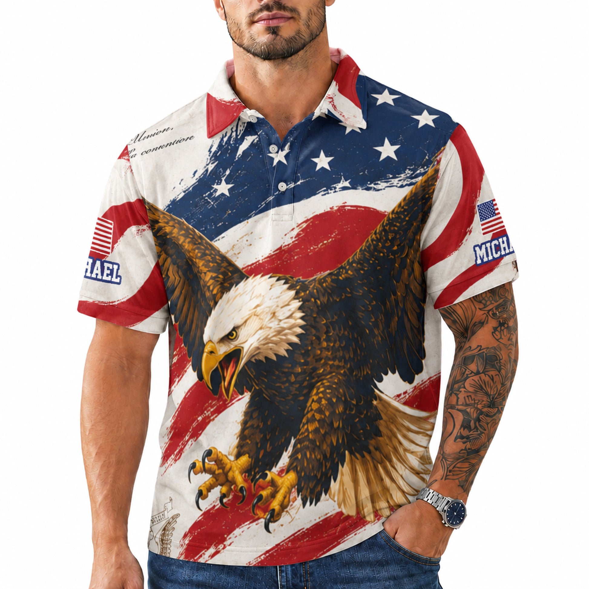 Custom USA 250th Anniversary Golf Polo Liberty Eagle Heritage - Personalized Name