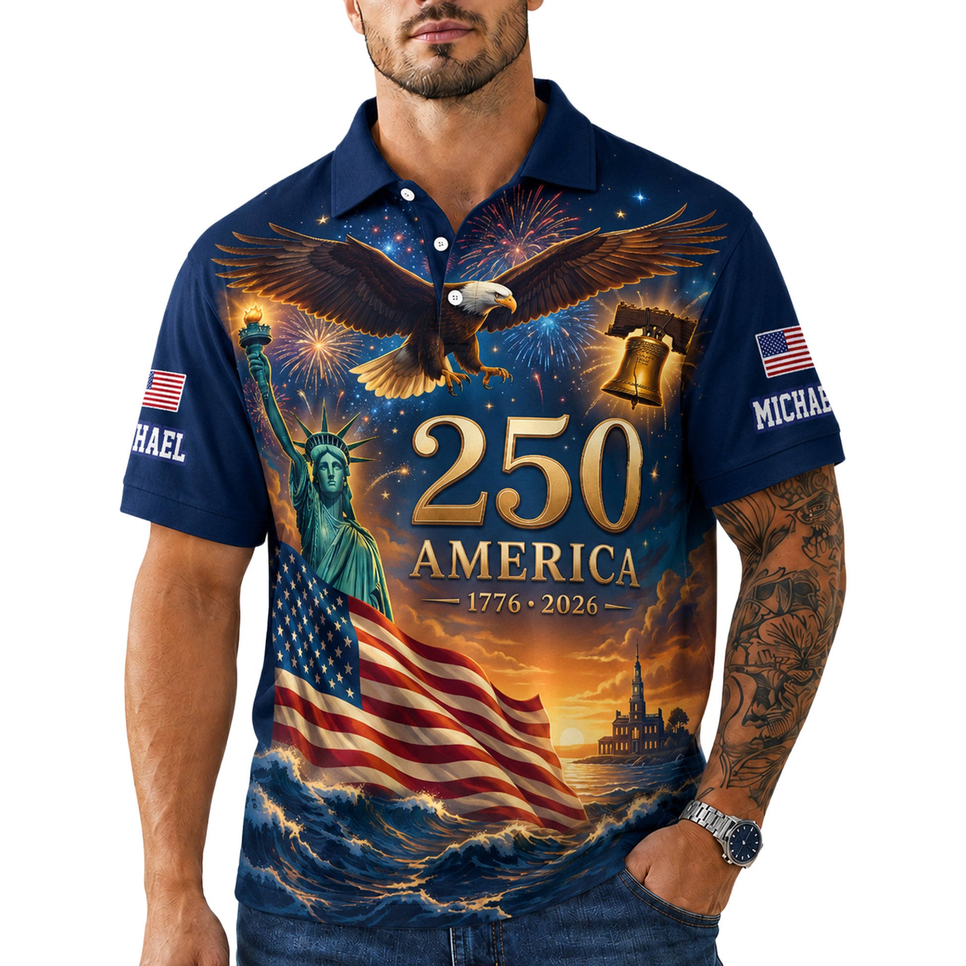Custom USA 250th Anniversary Golf Polo Freedom Eagle Celebration - Personalized Name