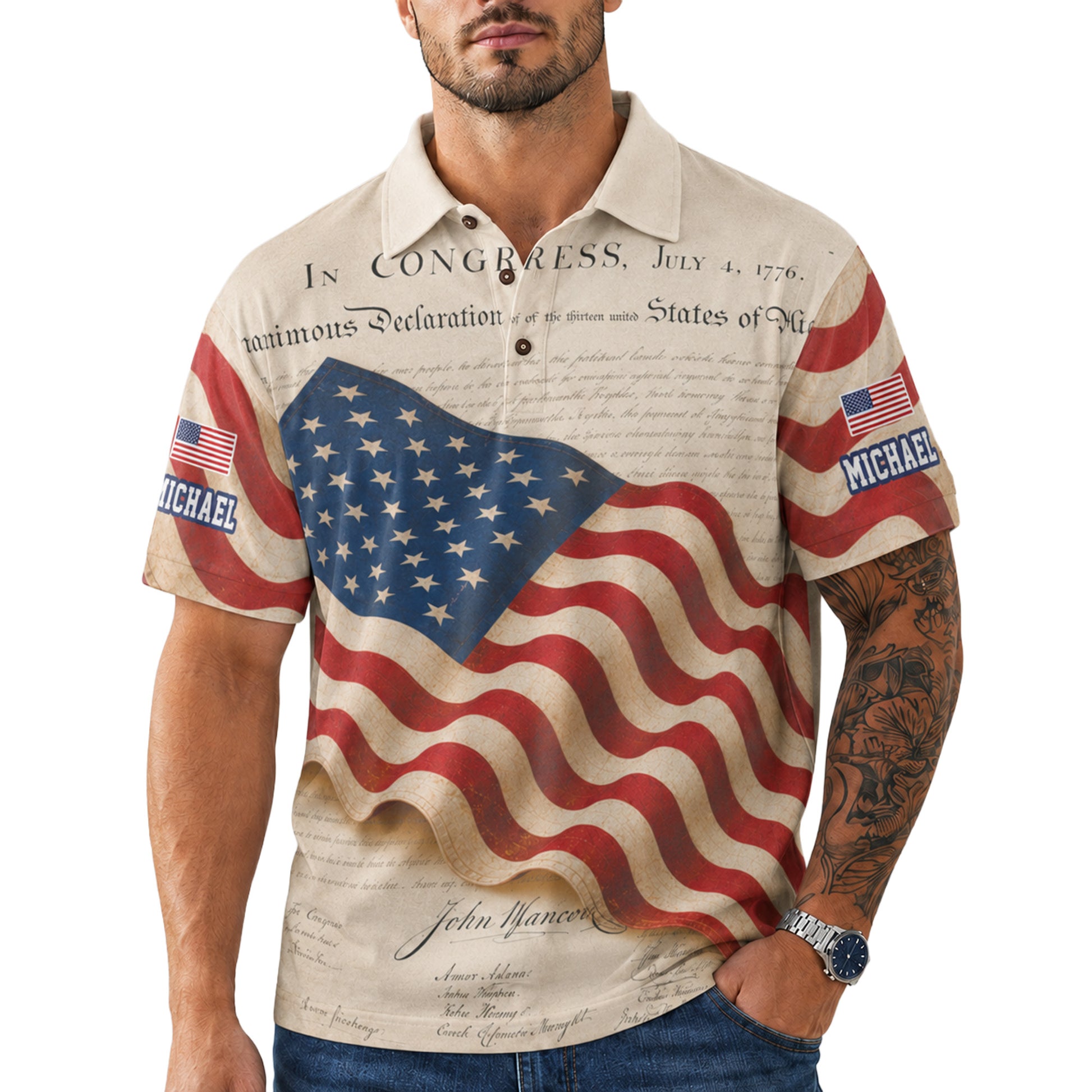 Custom USA 250th Anniversary Golf Polo Declaration Heritage - Personalized Name