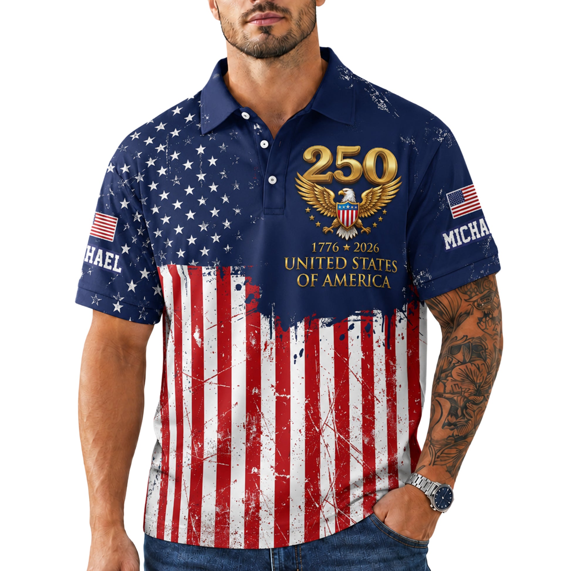 Custom USA 250th Anniversary Golf Polo Freedom Eagle - Personalized Name