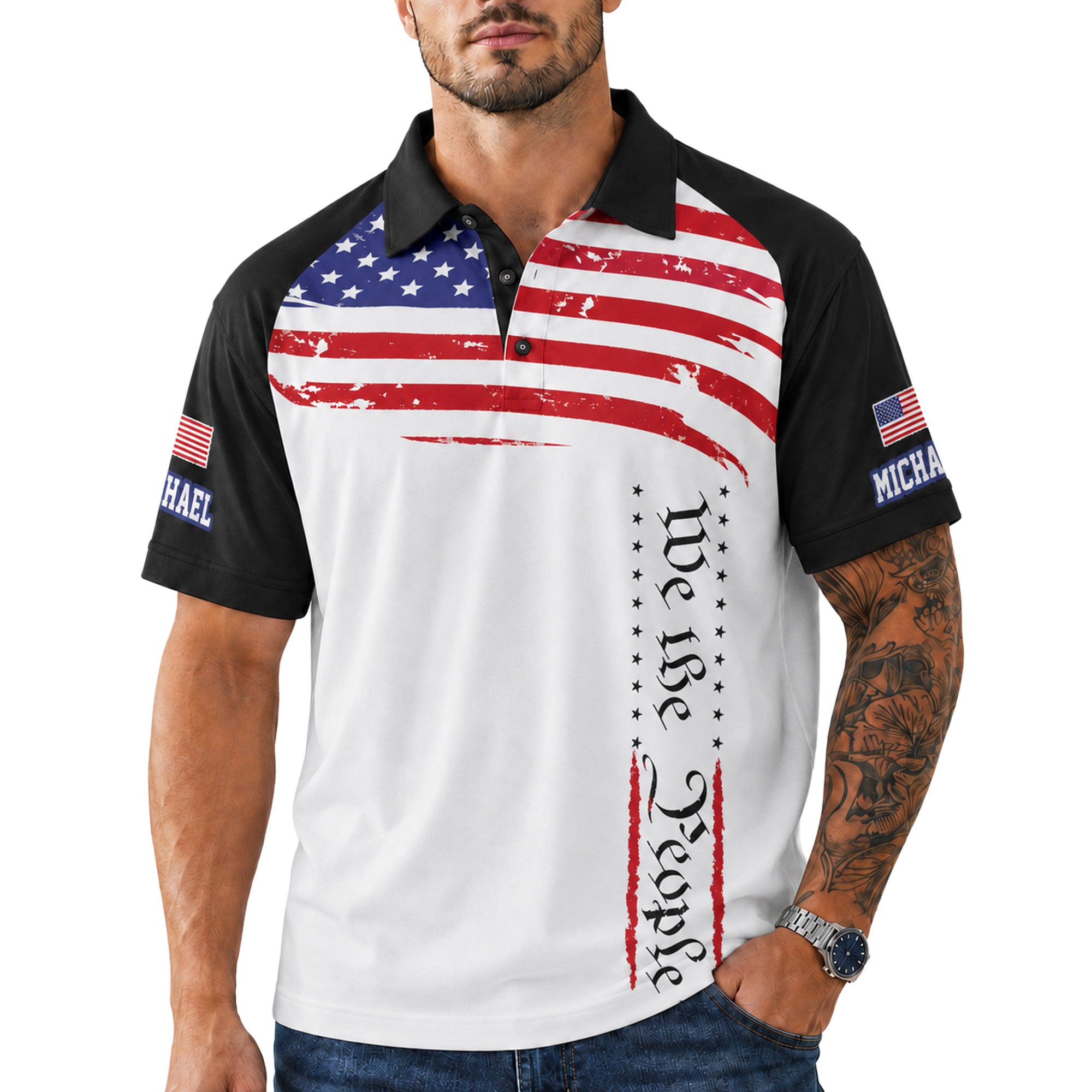 Custom USA 250th Anniversary Golf Polo Liberty Flag Wave - Personalized Name