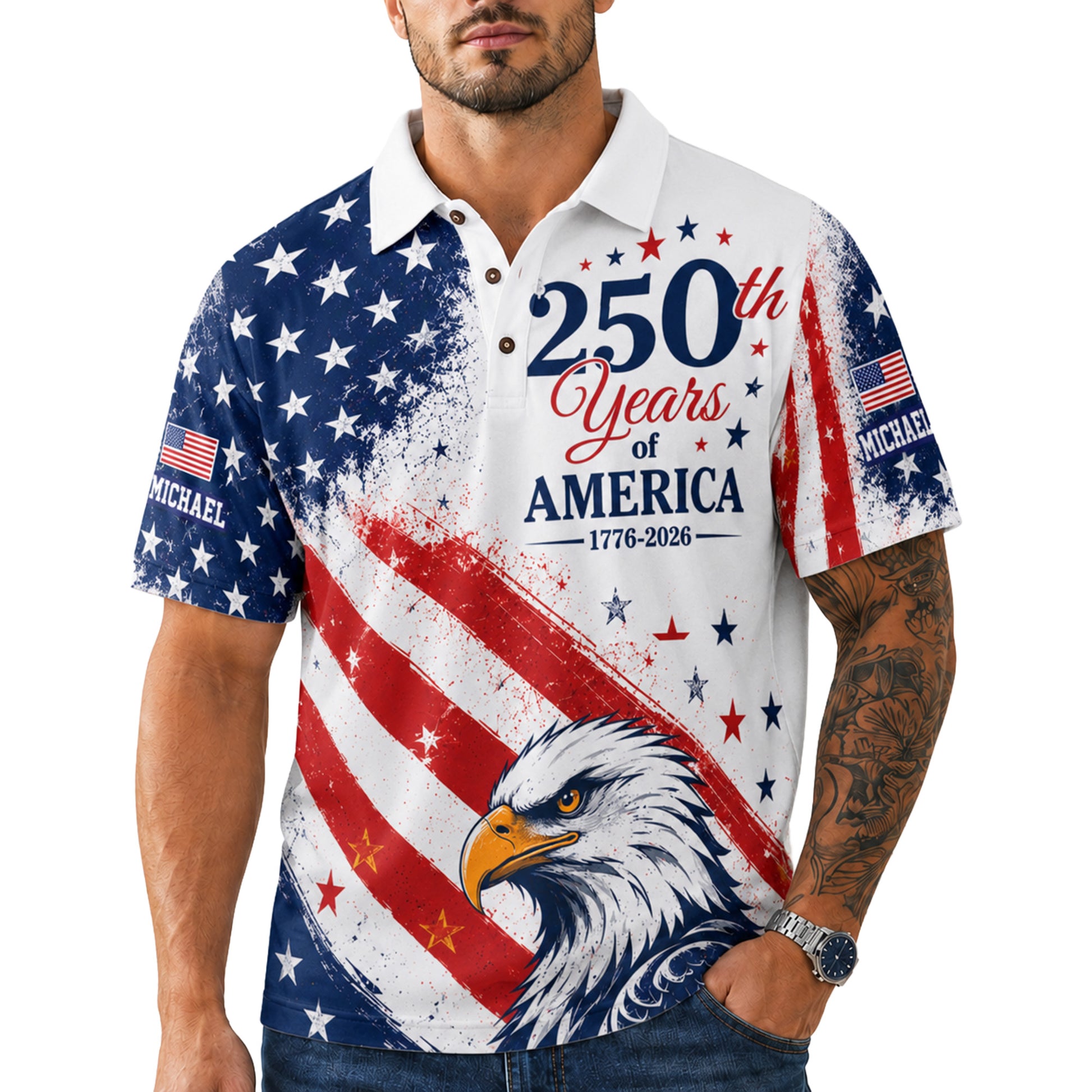 Custom USA 250th Anniversary Golf Polo Patriot Eagle Crest - Personalized Name