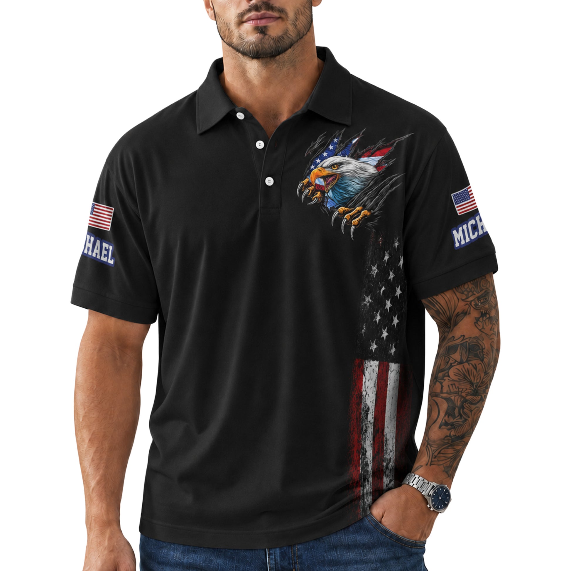 Custom USA 250th Anniversary Golf Polo Freedom Eagle Strike - Personalized Name