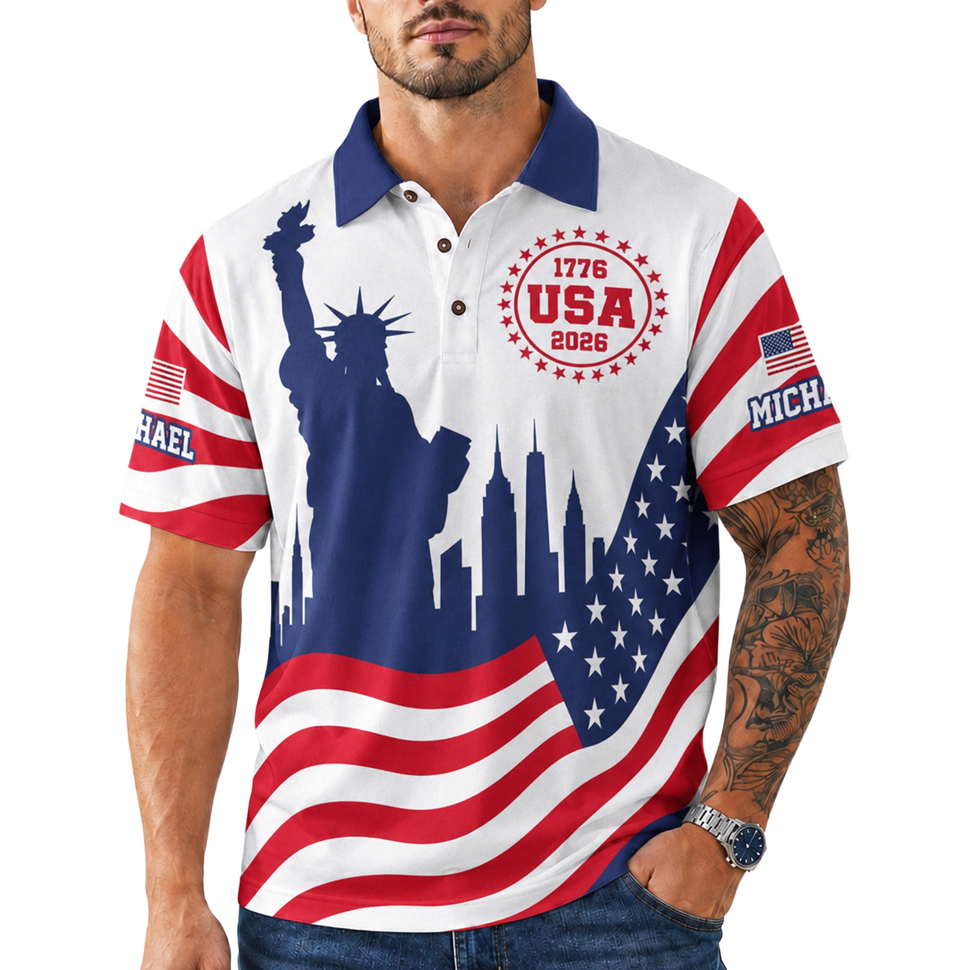 Custom USA 250th Anniversary Golf Polo Liberty Skyline Wave - Personalized Name