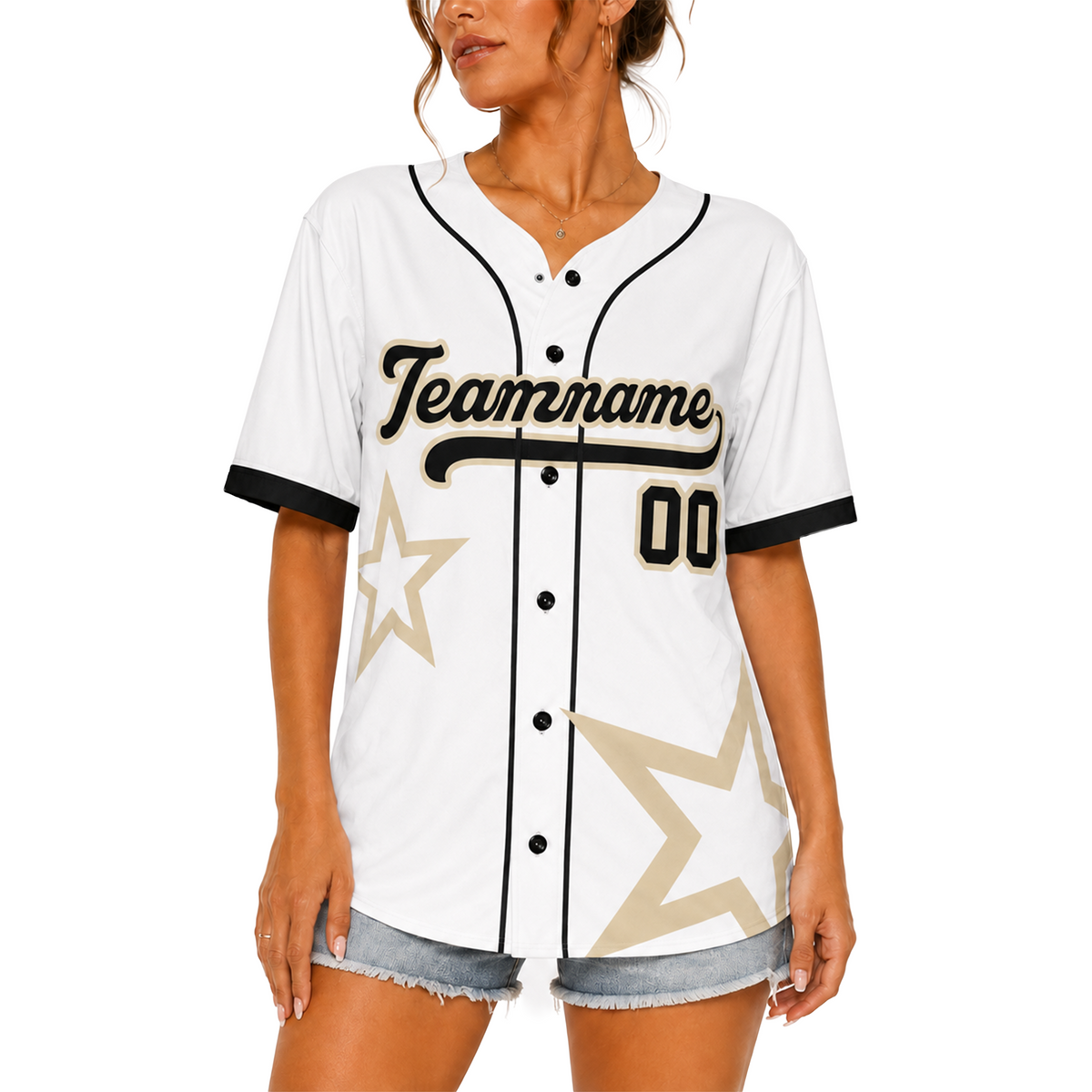 Custom Star Design Baseball Jersey White Cream and Black with Piping - Design Your Own