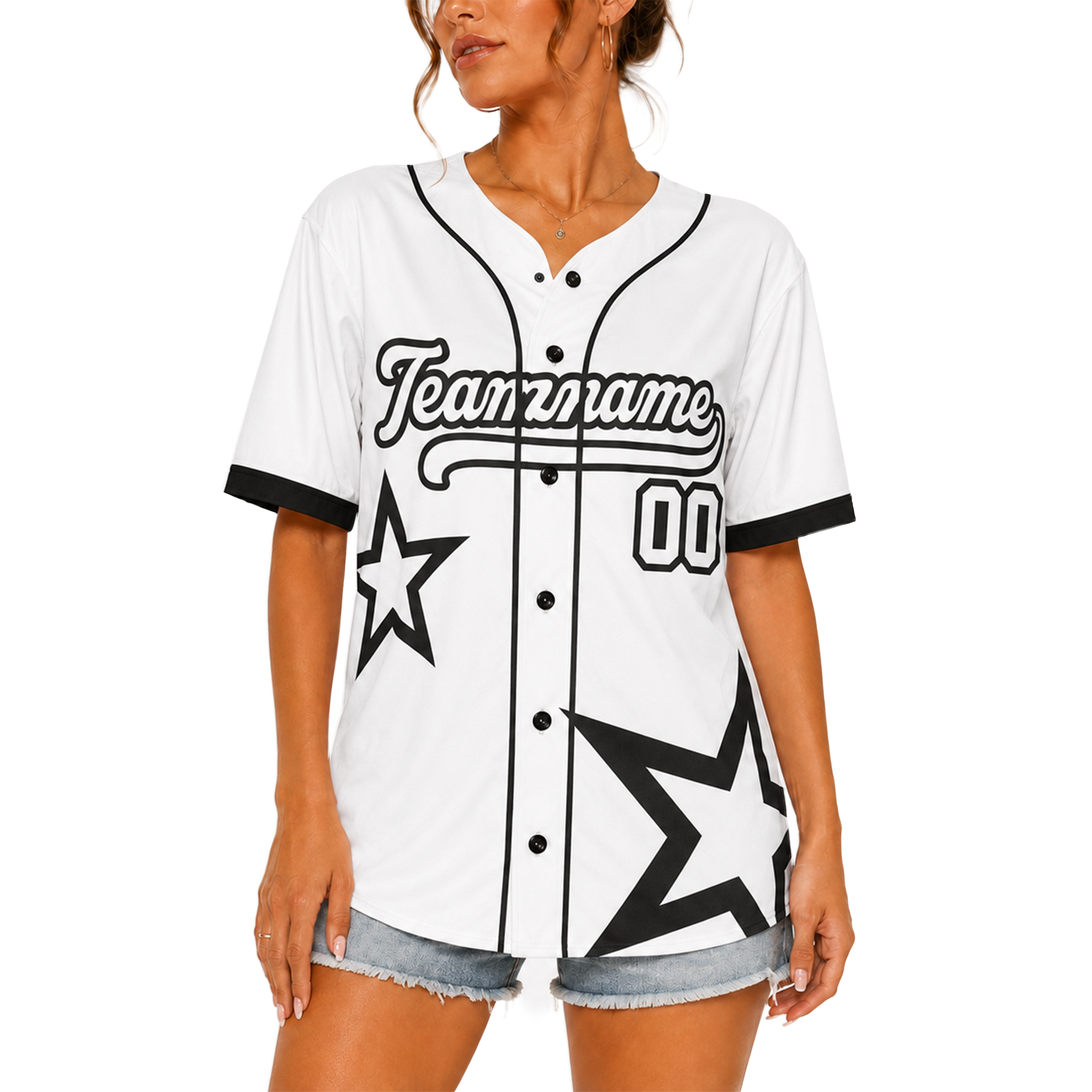Custom Star Design Baseball Jersey White and Black with Piping - Design Your Own