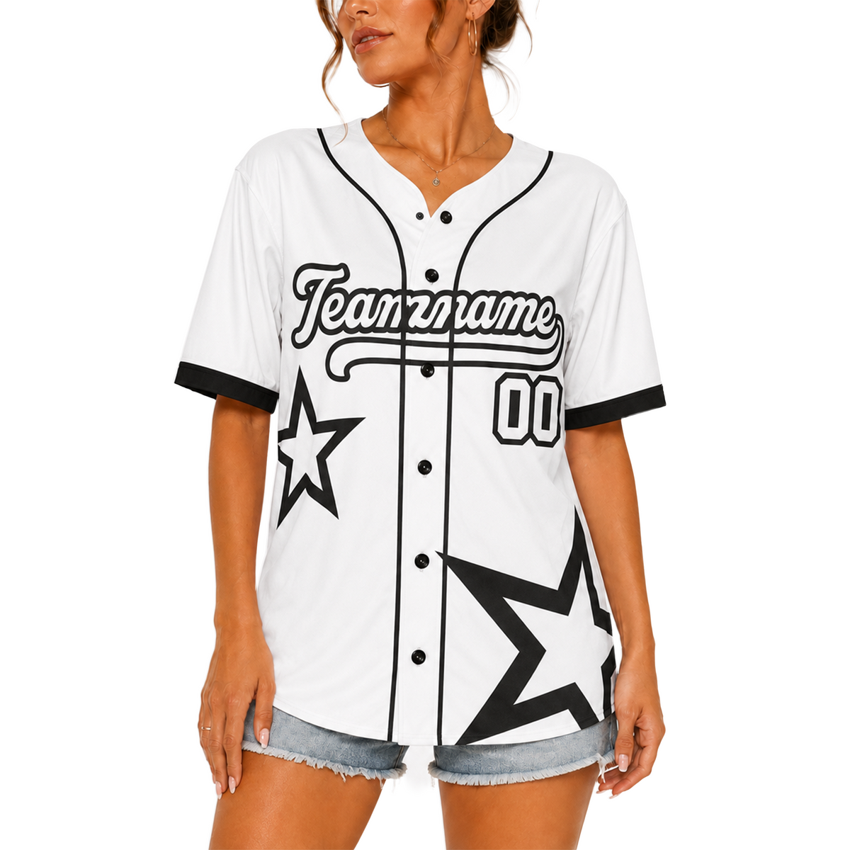 Custom Star Design Baseball Jersey White and Black with Piping - Design Your Own
