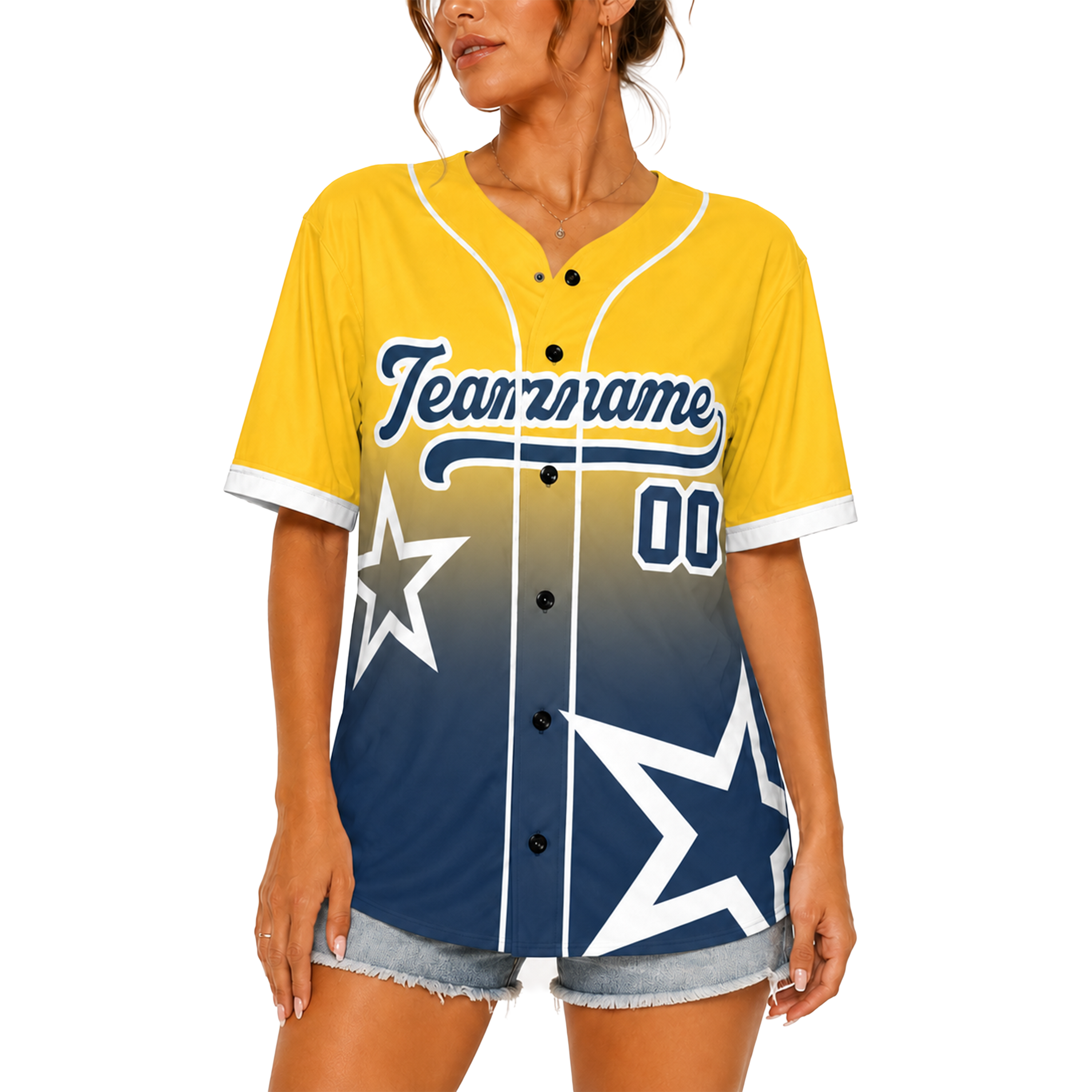 Custom Star Design Baseball Jersey Yellow and Navy with Piping - Design Your Own