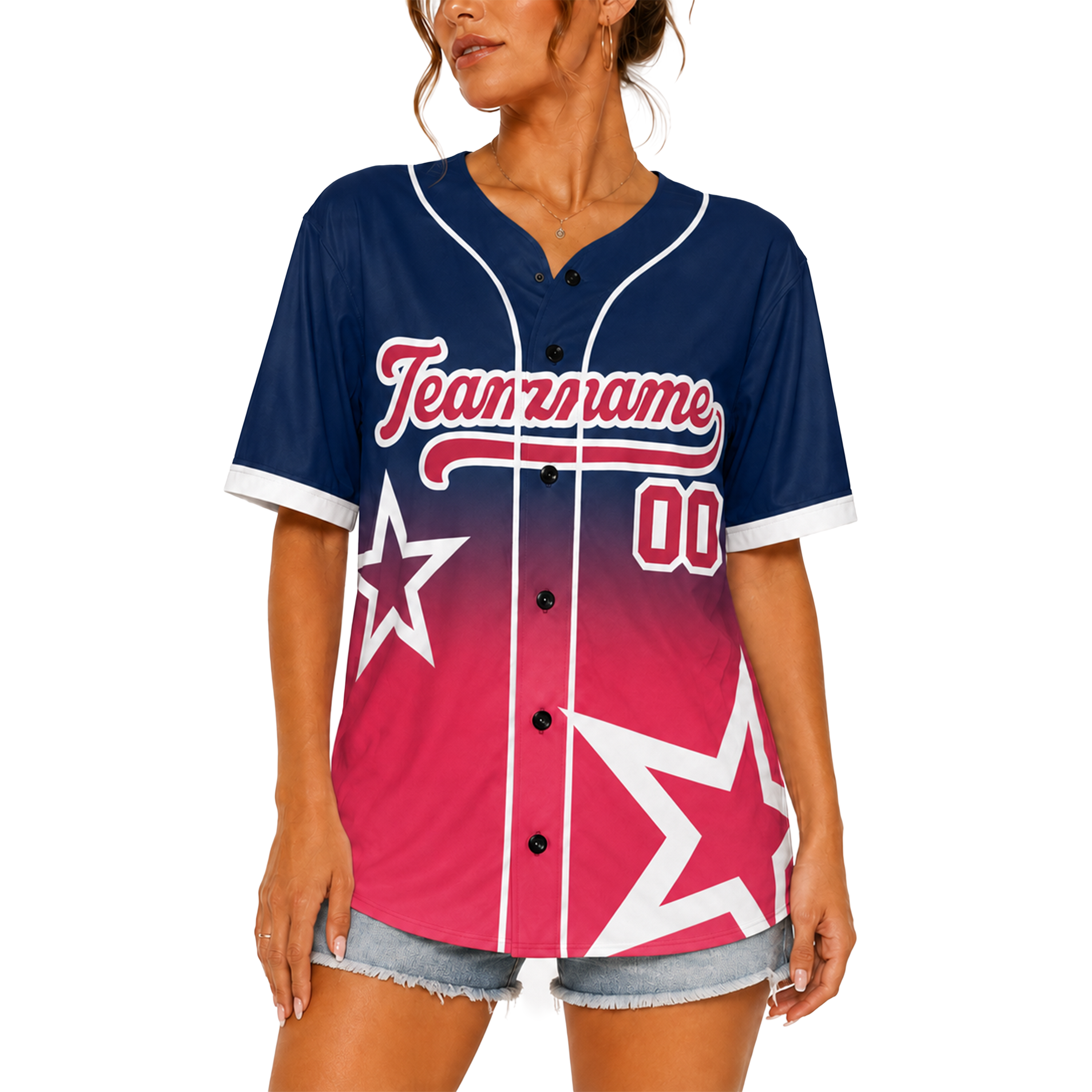 Custom Star Design Baseball Jersey Navy and Pink with Piping - Design Your Own