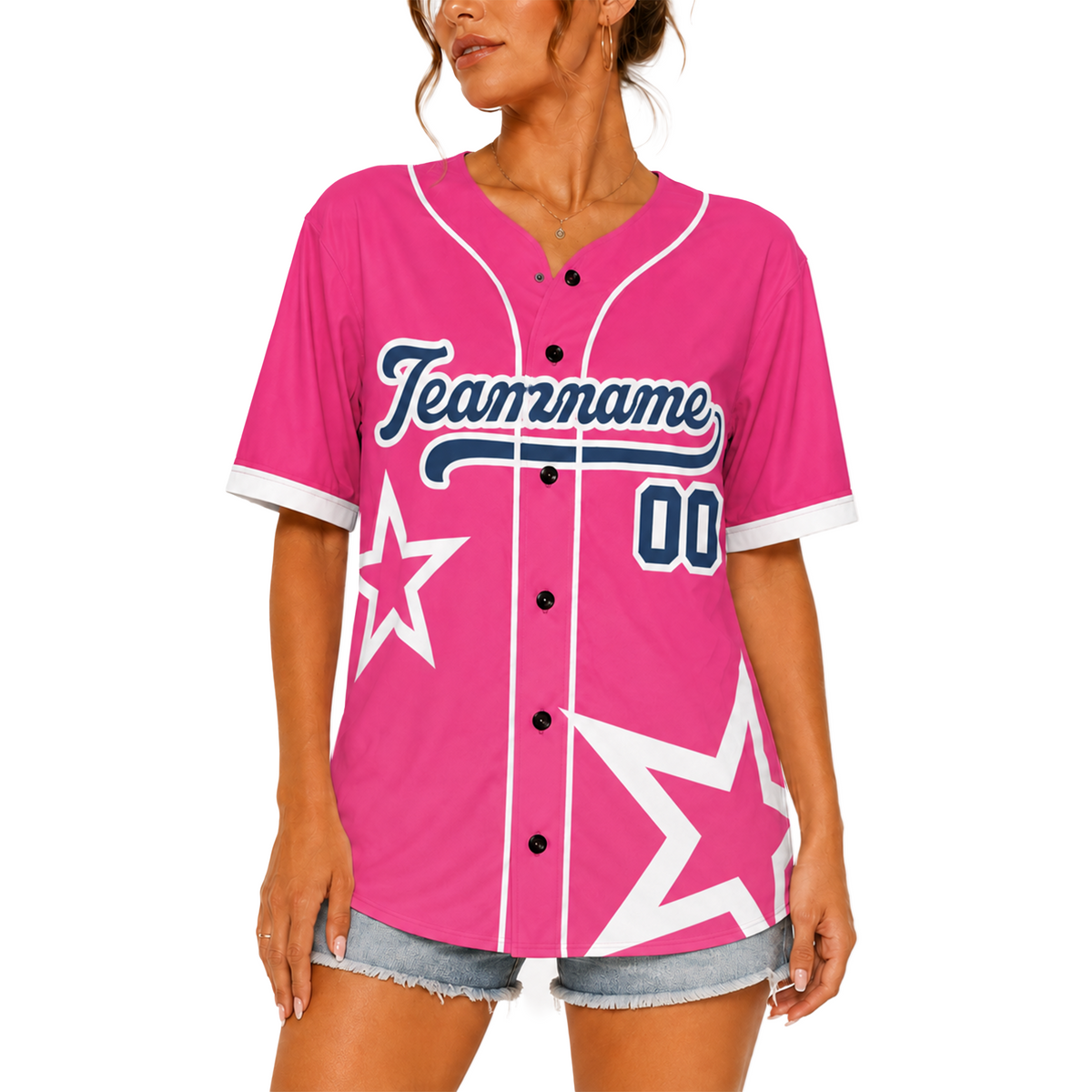 Custom Star Design Baseball Jersey Pink and White with Piping - Design Your Own