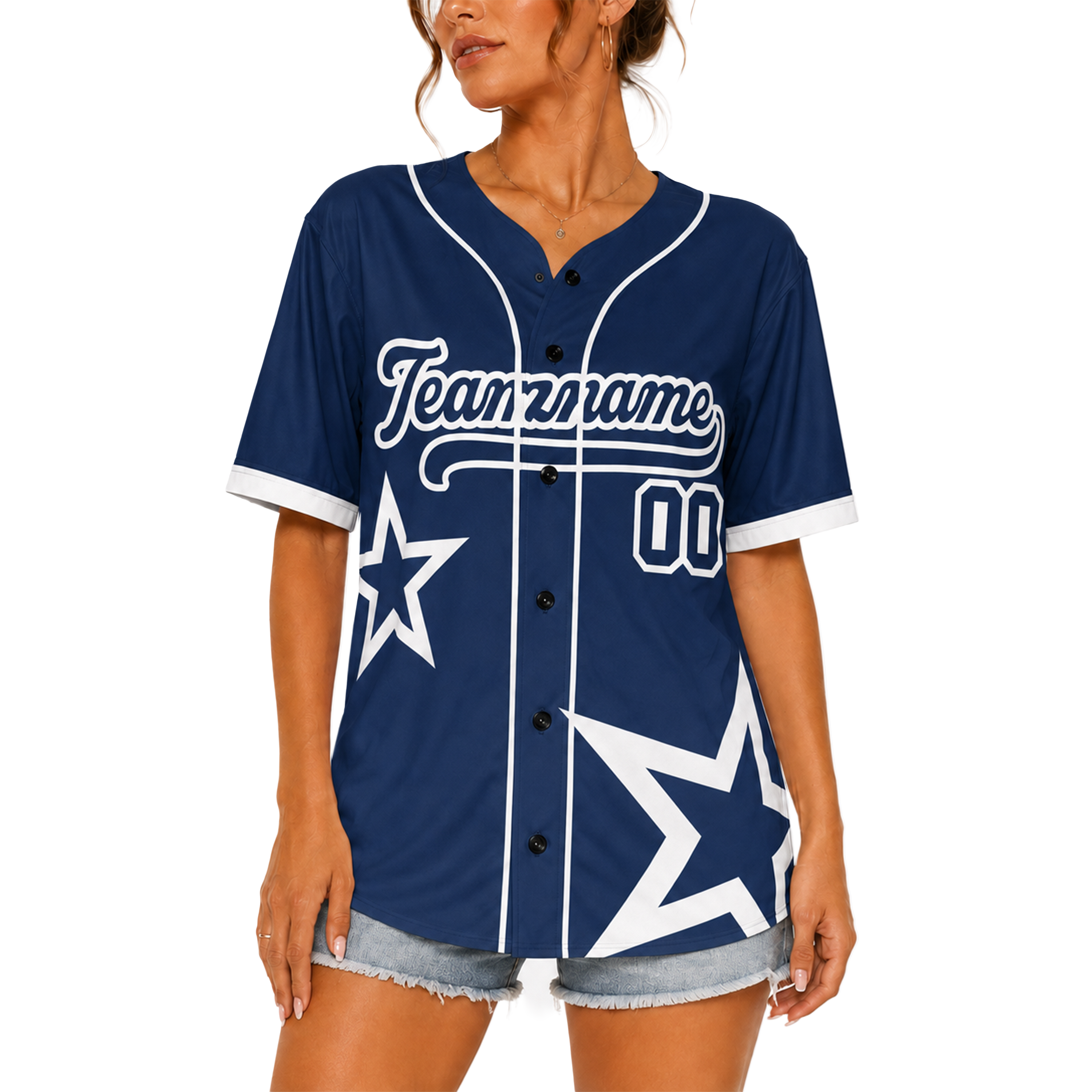 Custom Star Design Baseball Jersey Navy and White with Piping - Design Your Own