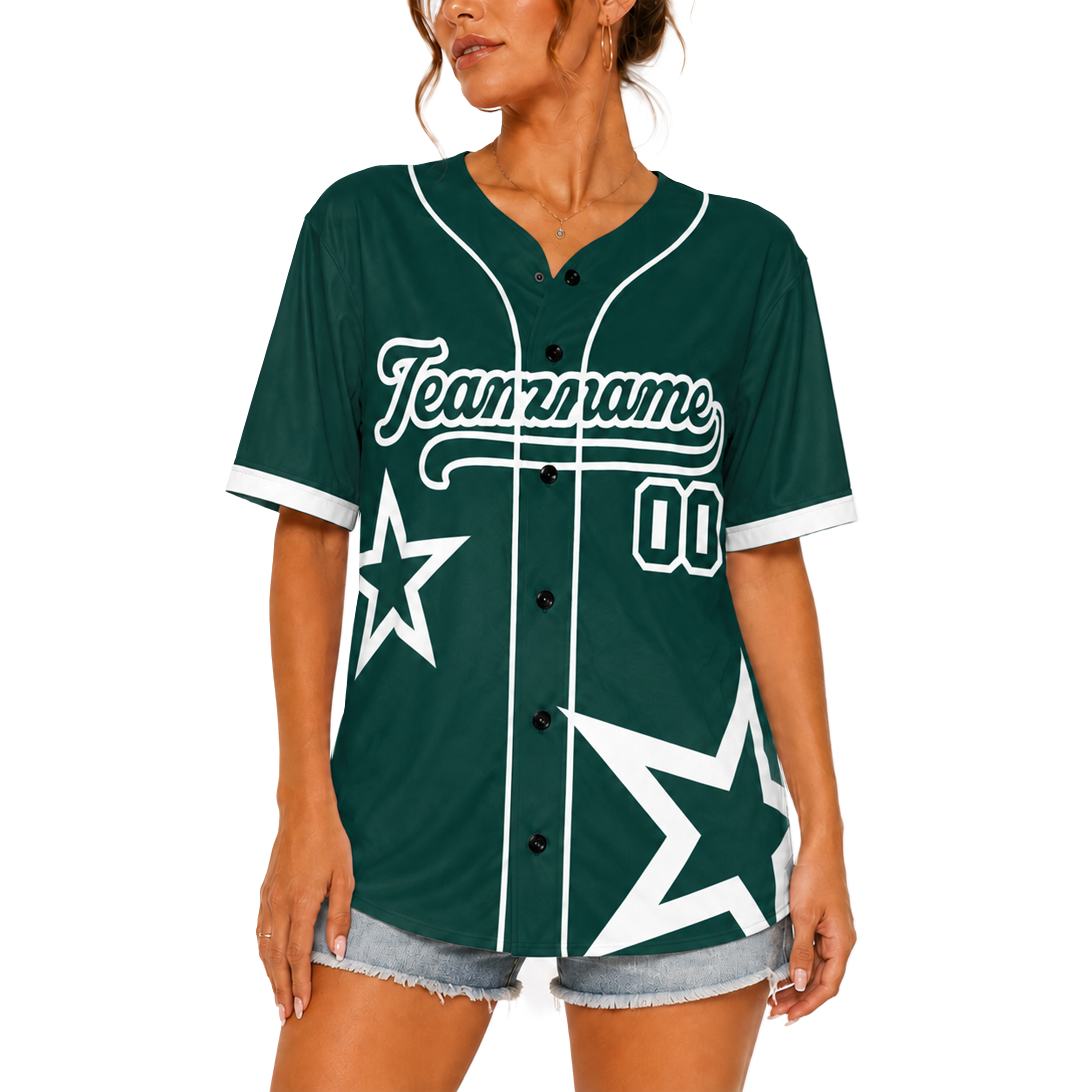Custom Star Design Baseball Jersey Dark Green and White with Piping - Design Your Own