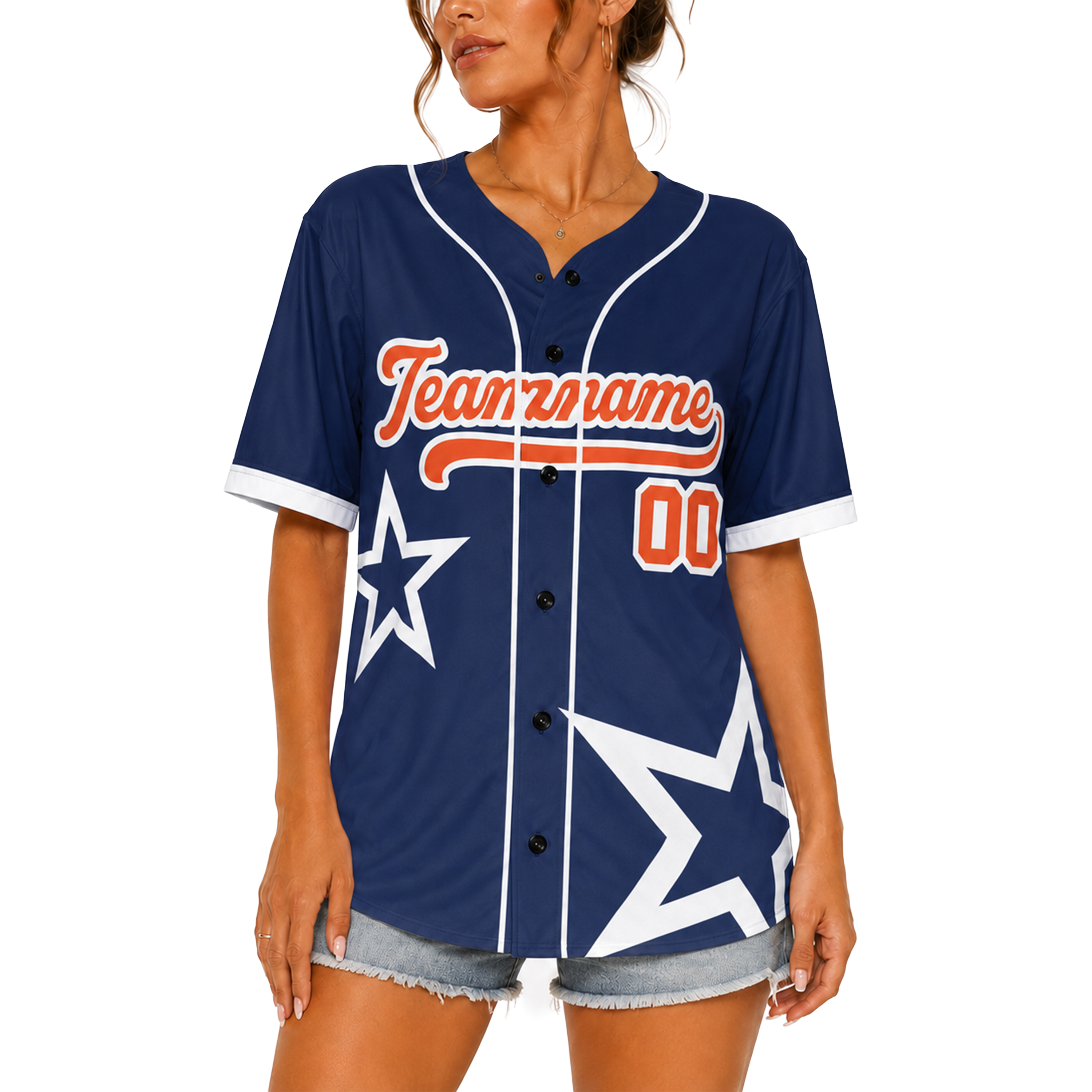 Custom Star Design Baseball Jersey Navy White and Orange with Piping - Design Your Own