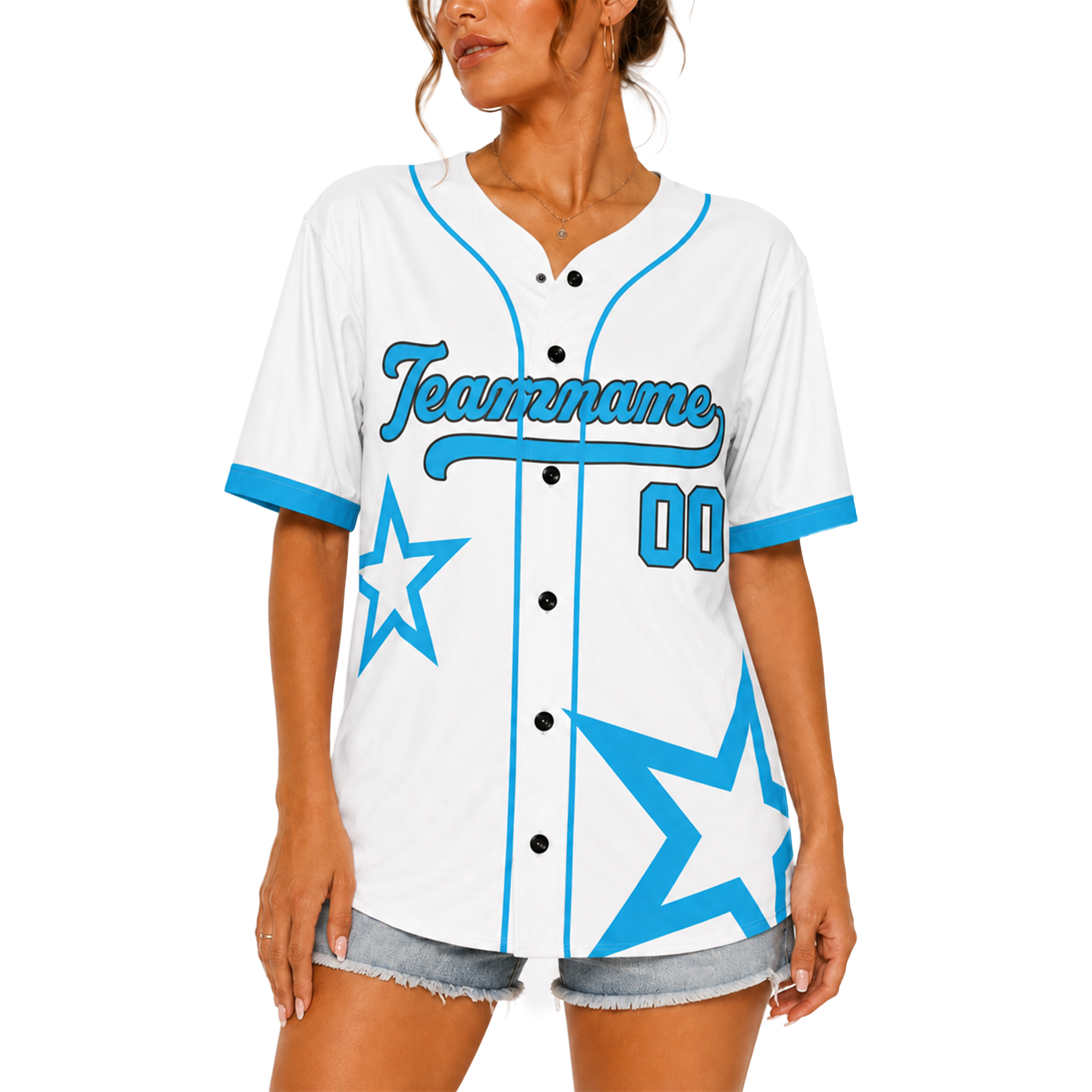 Custom Star Design Baseball Jersey White and Blue with Piping - Design Your Own
