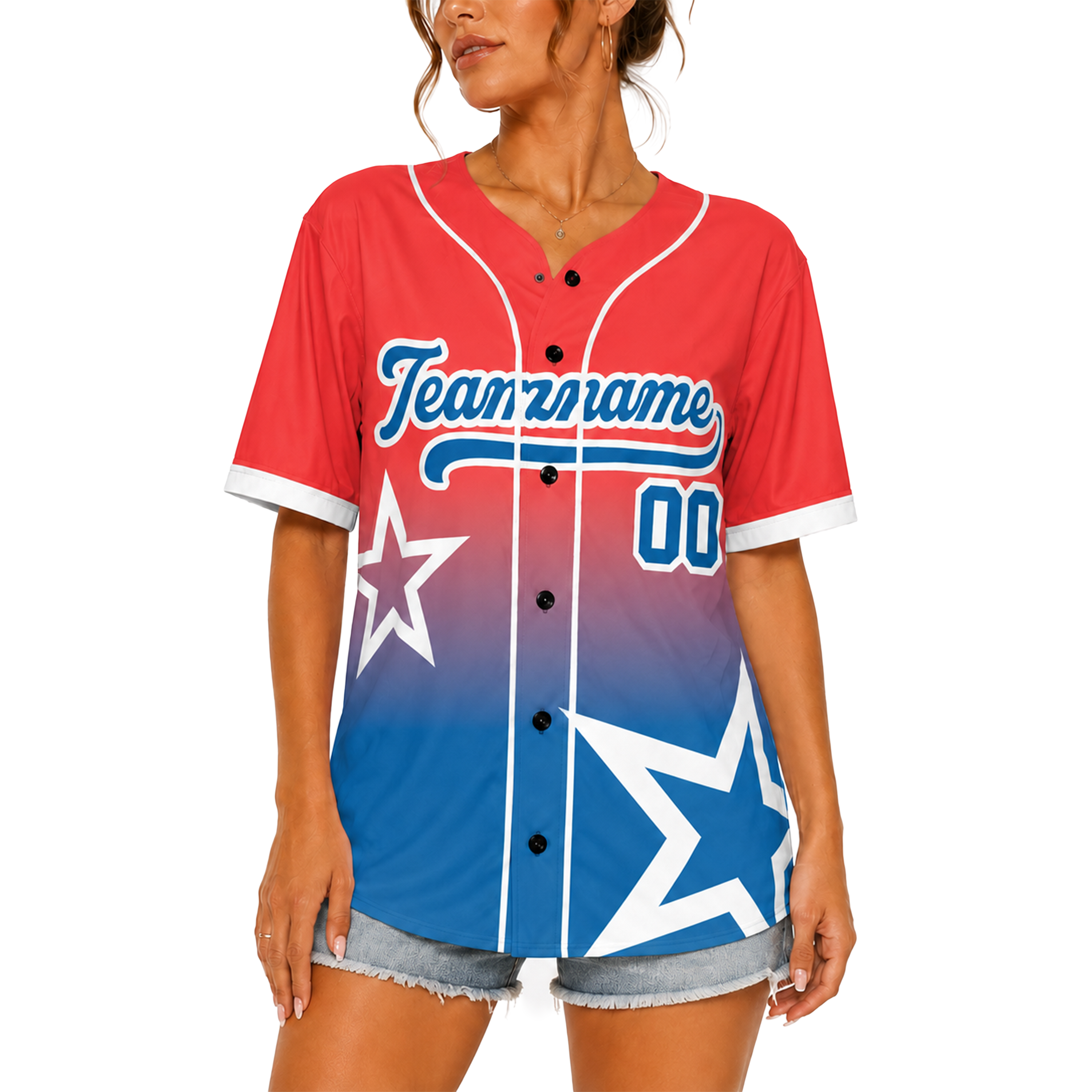 Custom Star Design Baseball Jersey Coral and Blue with Piping - Design Your Own