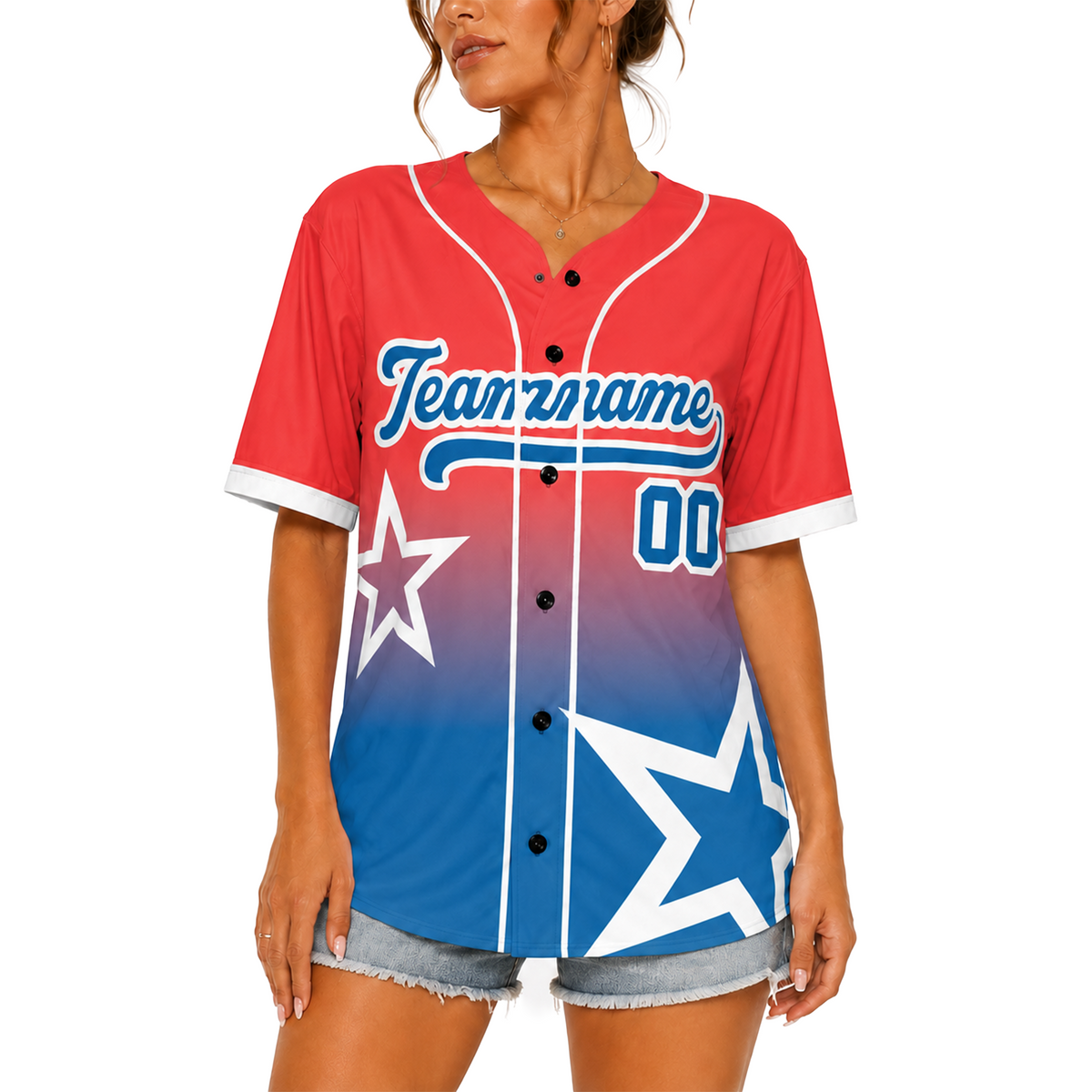 Custom Star Design Baseball Jersey Coral and Blue with Piping - Design Your Own