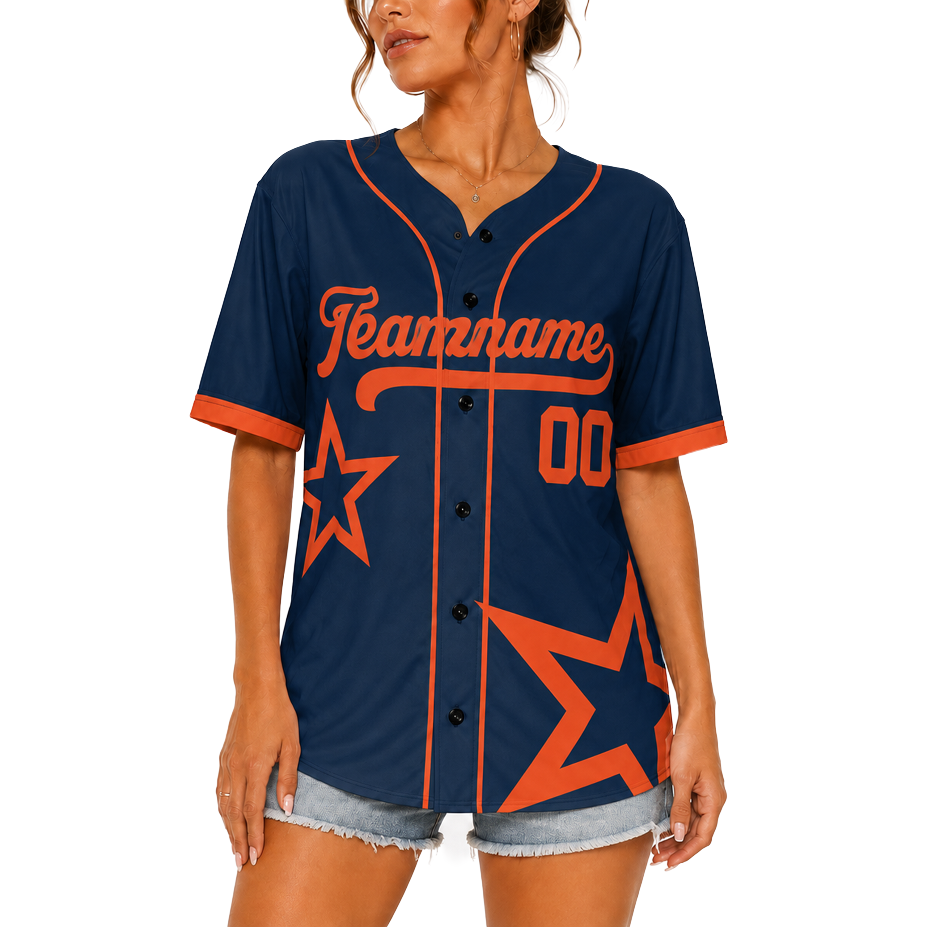 Custom Star Design Baseball Jersey Navy and Orange with Piping - Design Your Own