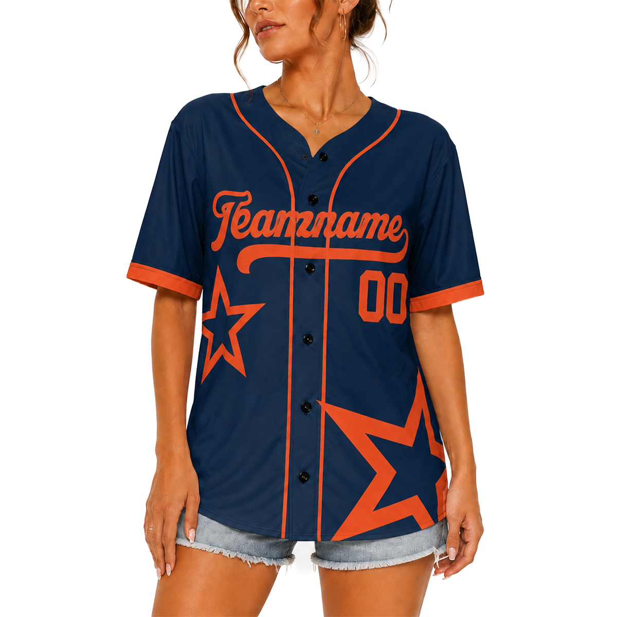 Custom Star Design Baseball Jersey Navy and Orange with Piping - Design Your Own