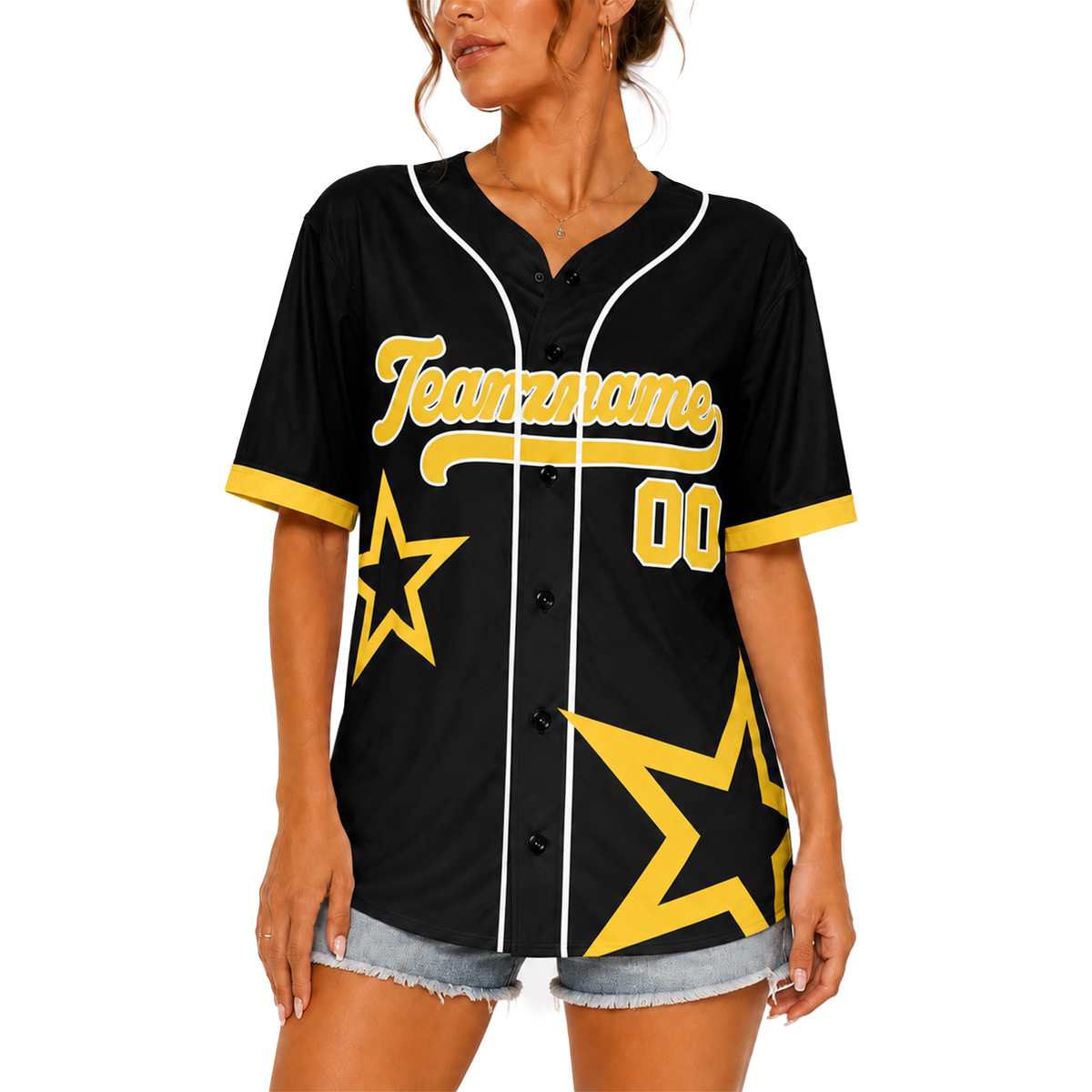 Custom Star Design Baseball Jersey Black and Yellow with Piping - Design Your Own