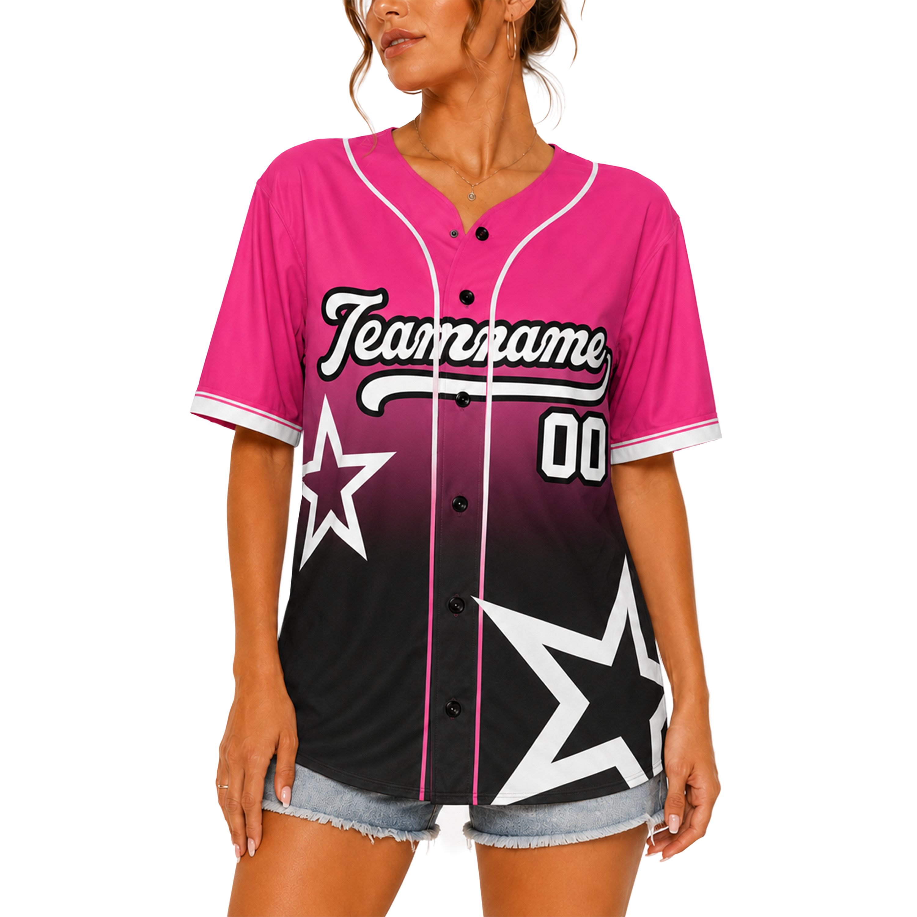 Custom Star Design Baseball Jersey Pink and Black with Piping - Design Your Own