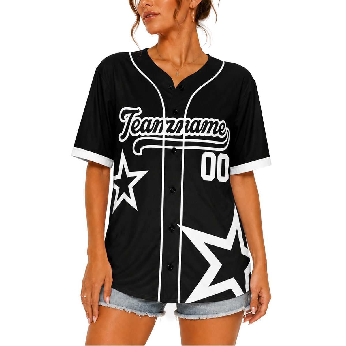 Custom Star Design Baseball Jersey Black and White with Piping - Design Your Own