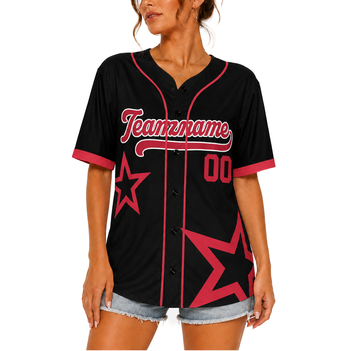 Custom Star Design Baseball Jersey Black and Crimson with Piping - Design Your Own