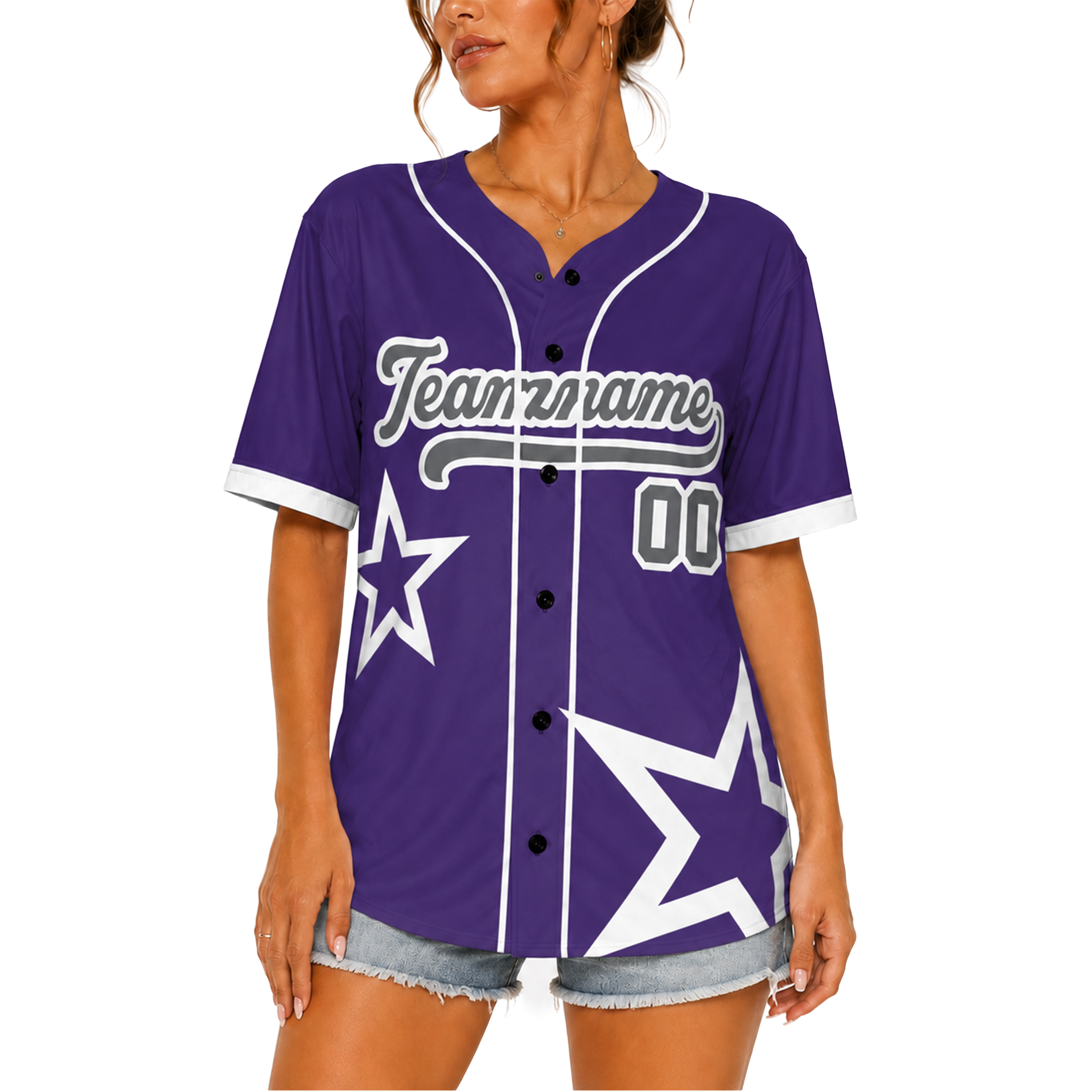 Custom Star Design Baseball Jersey Purple and White with Piping - Design Your Own