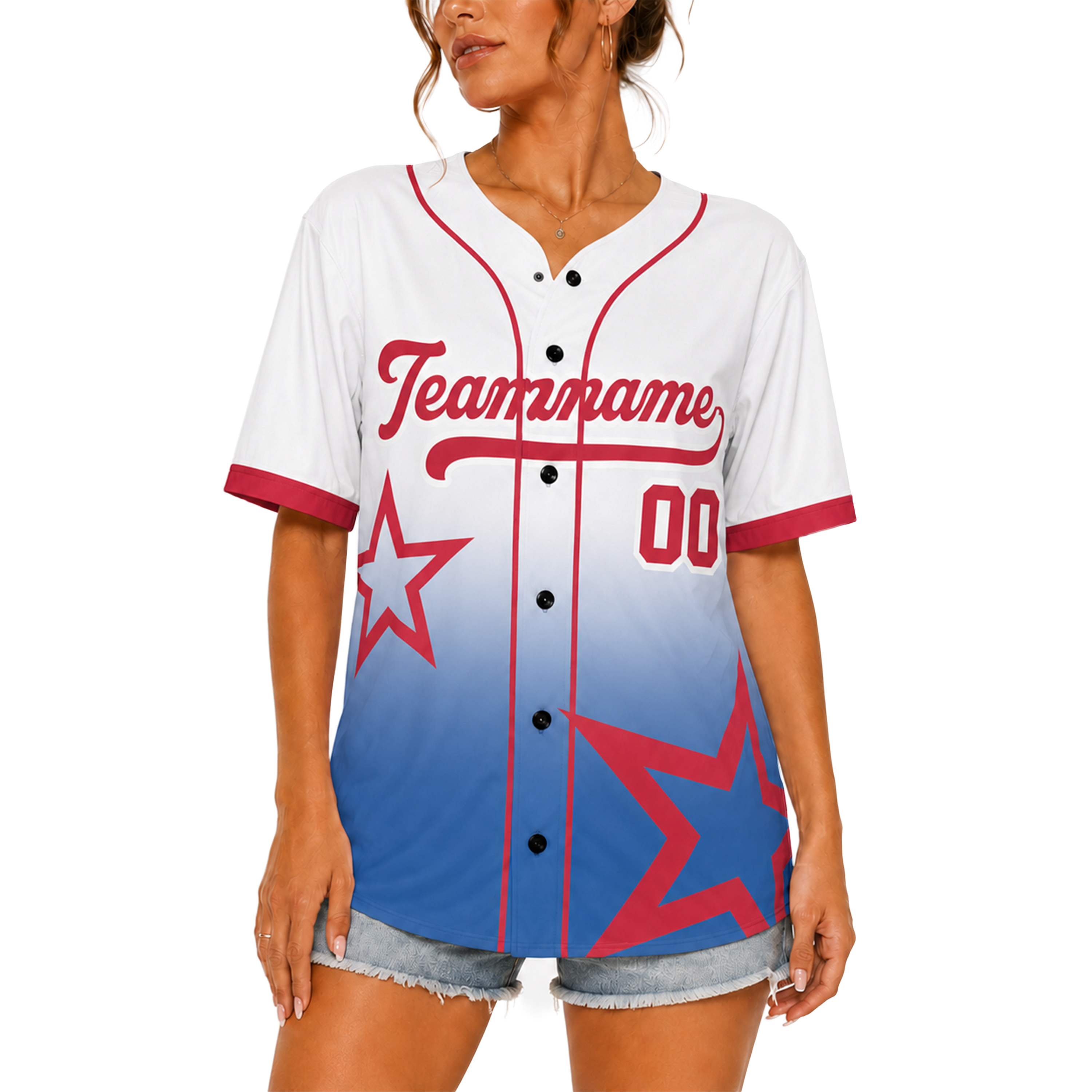 Custom Star Design Baseball Jersey White Blue and Red with Piping - Design Your Own