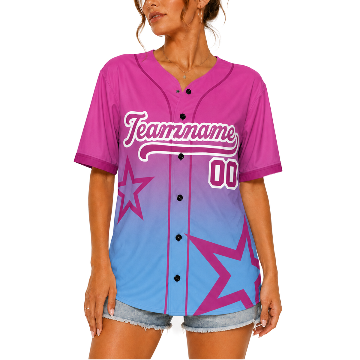 Custom Star Design Baseball Jersey Pink and Light Blue with Piping - Design Your Own