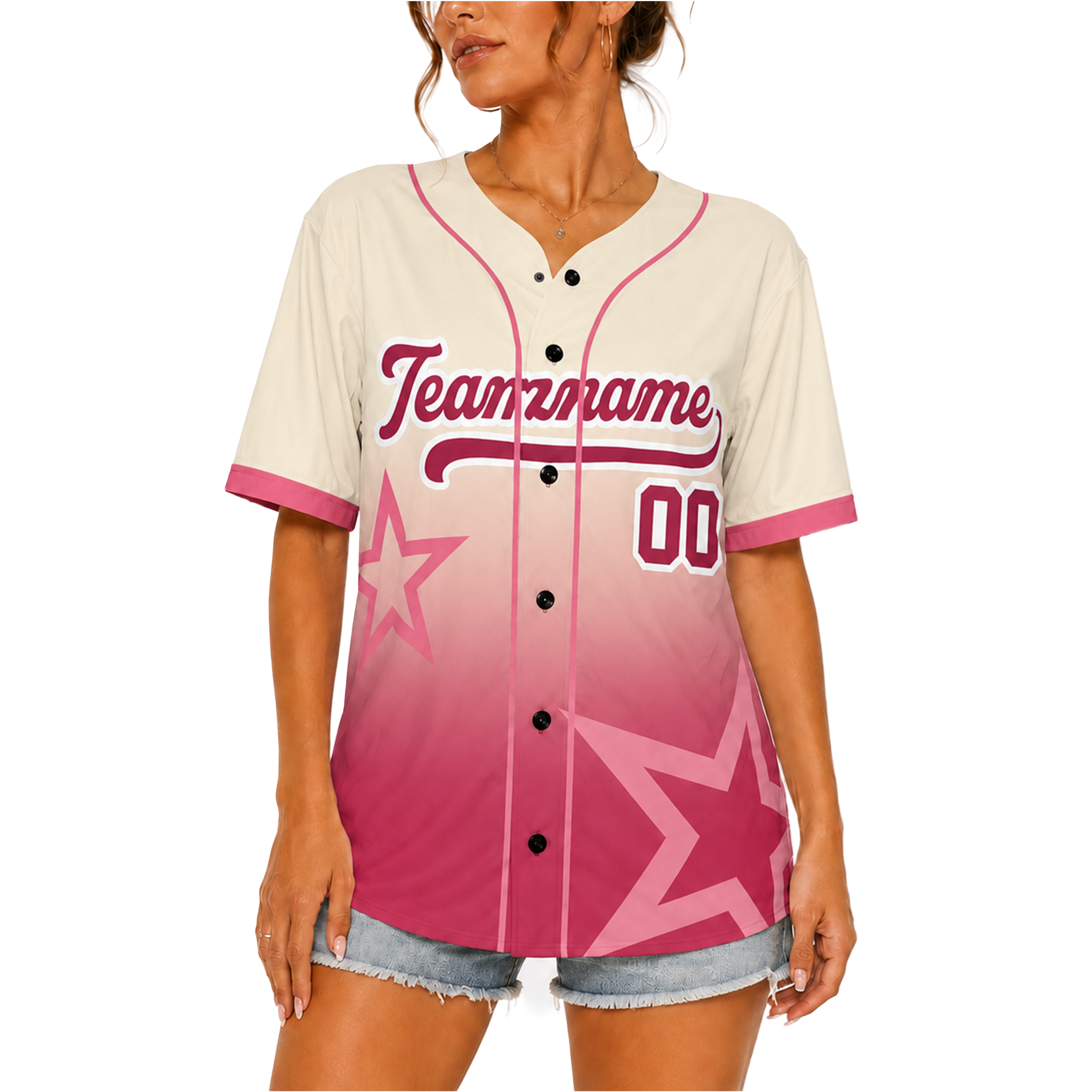Custom Star Design Baseball Jersey Cream and Pink with Piping - Design Your Own