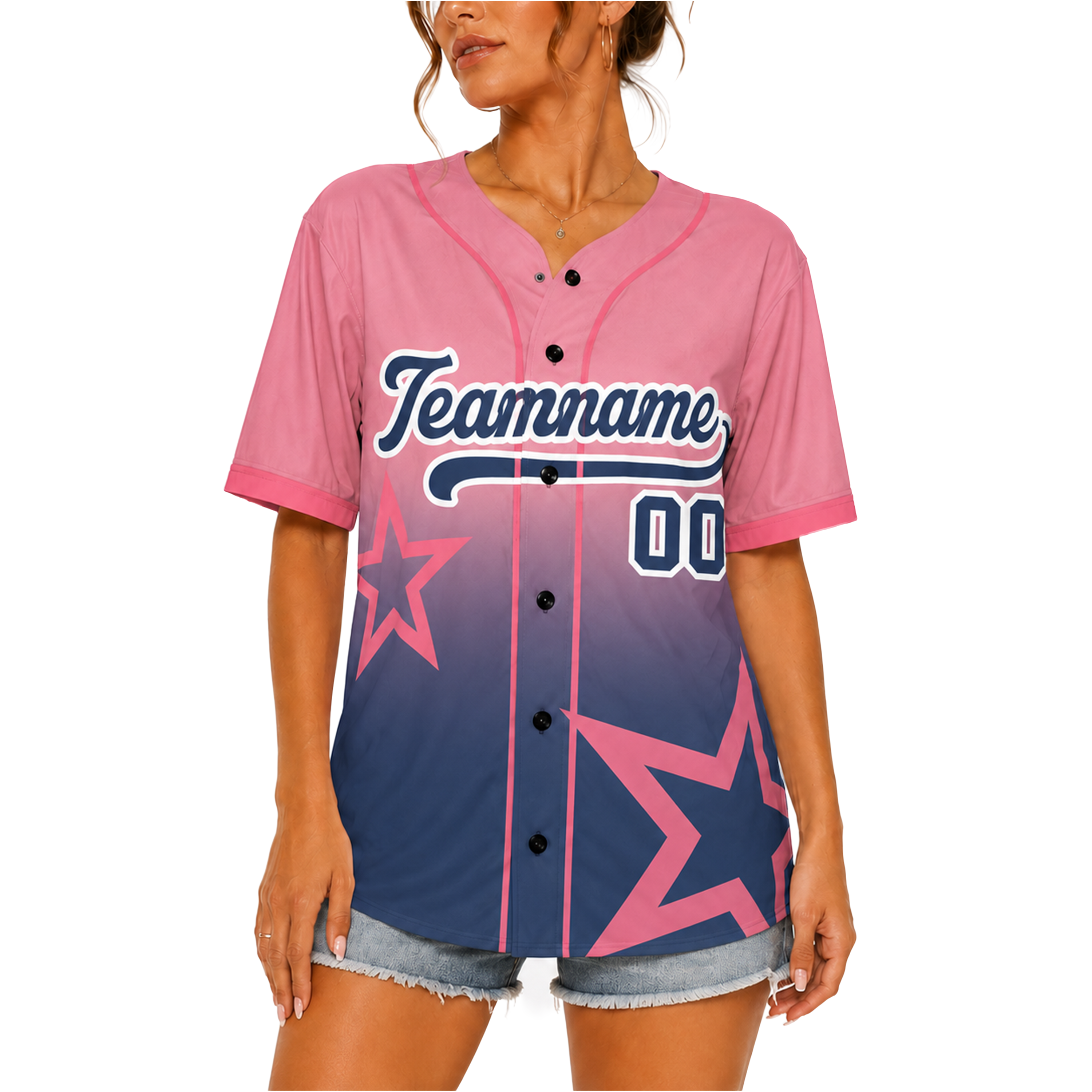 Custom Star Design Baseball Jersey Pink and Navy with Piping - Design Your Own