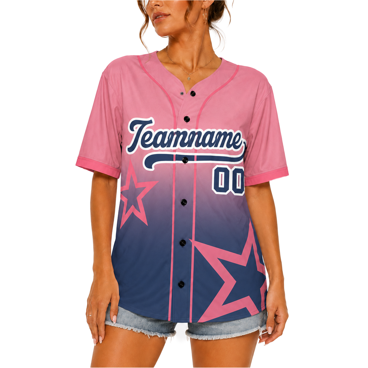 Custom Star Design Baseball Jersey Pink and Navy with Piping - Design Your Own
