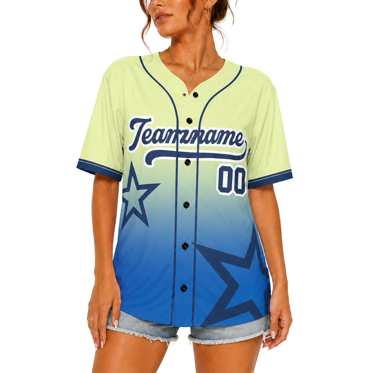 Custom Star Design Baseball Jersey Lime and Blue with Piping - Design Your Own