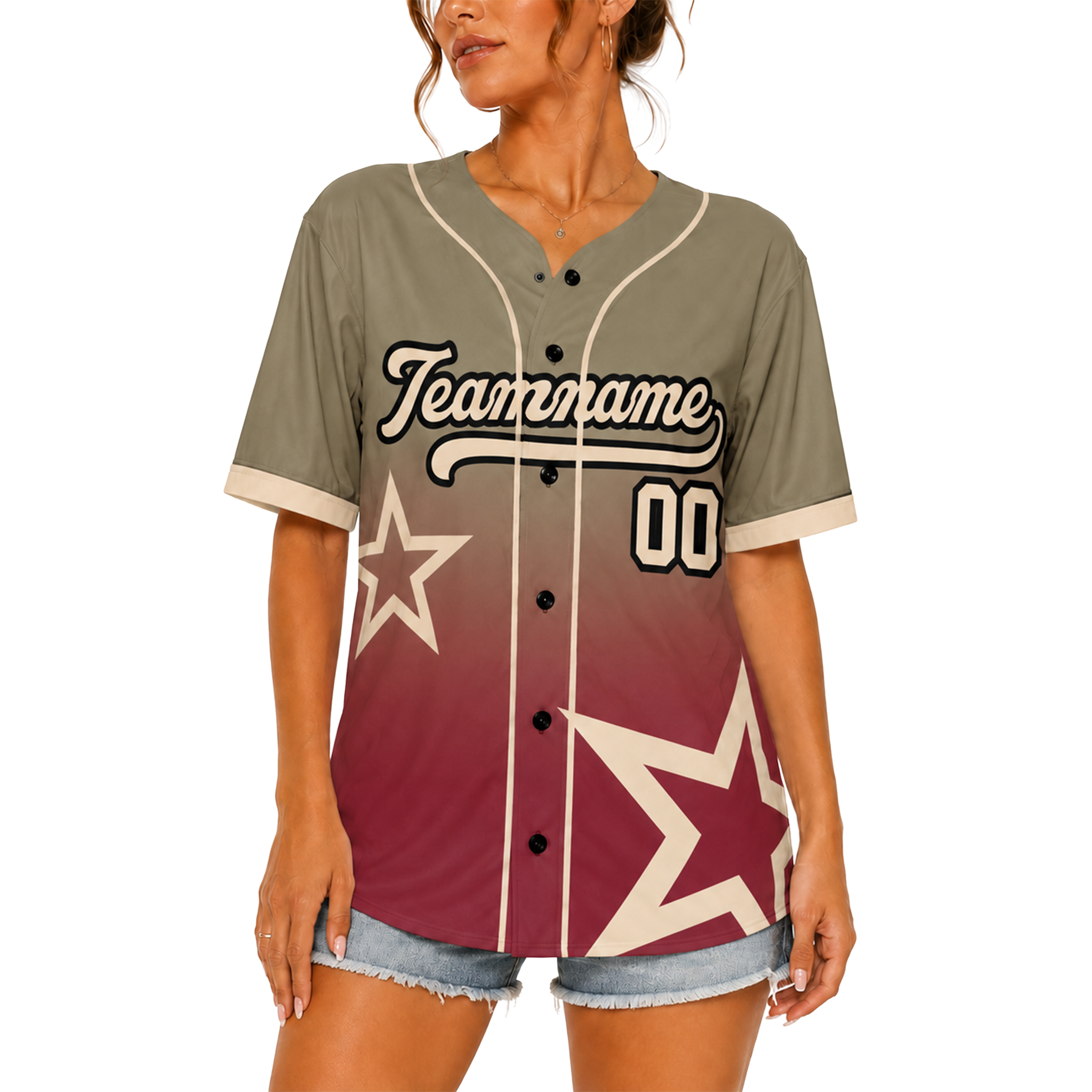 Custom Star Design Baseball Jersey Khaki and Burgundy with Piping - Design Your Own