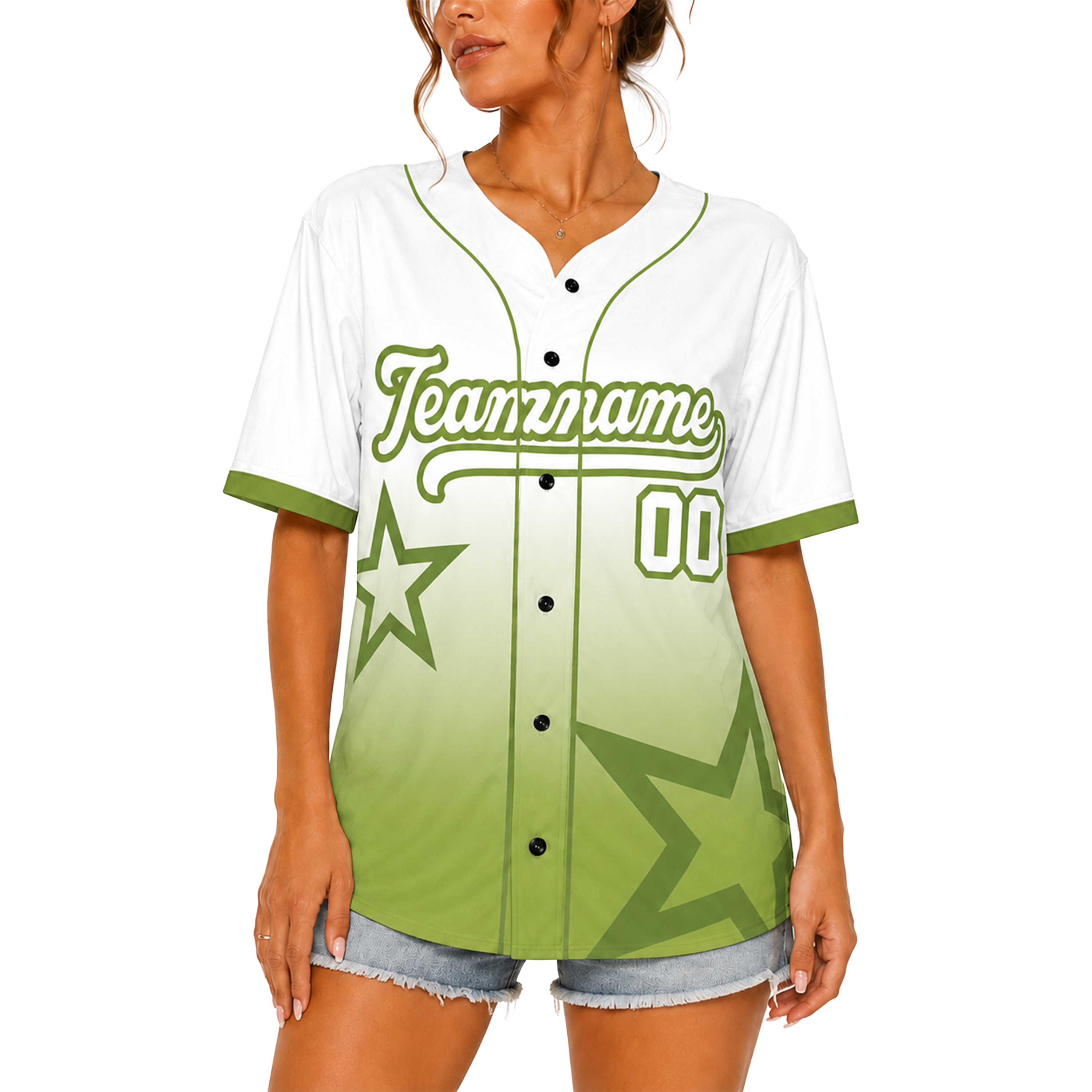 Custom Star Design Baseball Jersey White and Green with Piping - Design Your Own