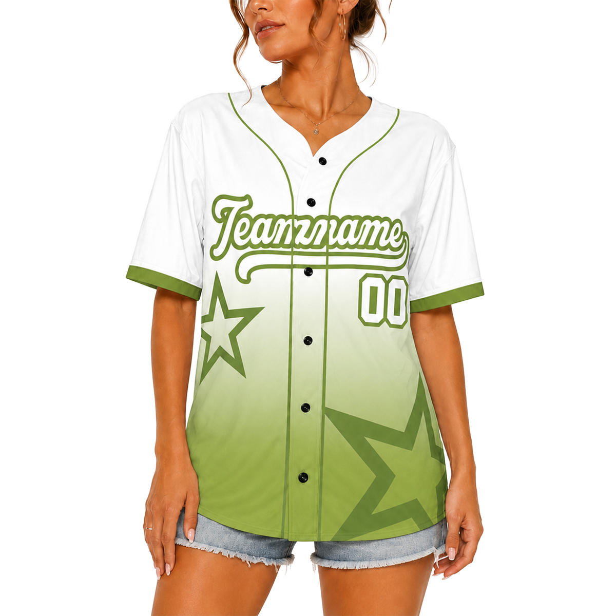 Custom Star Design Baseball Jersey White and Green with Piping - Design Your Own