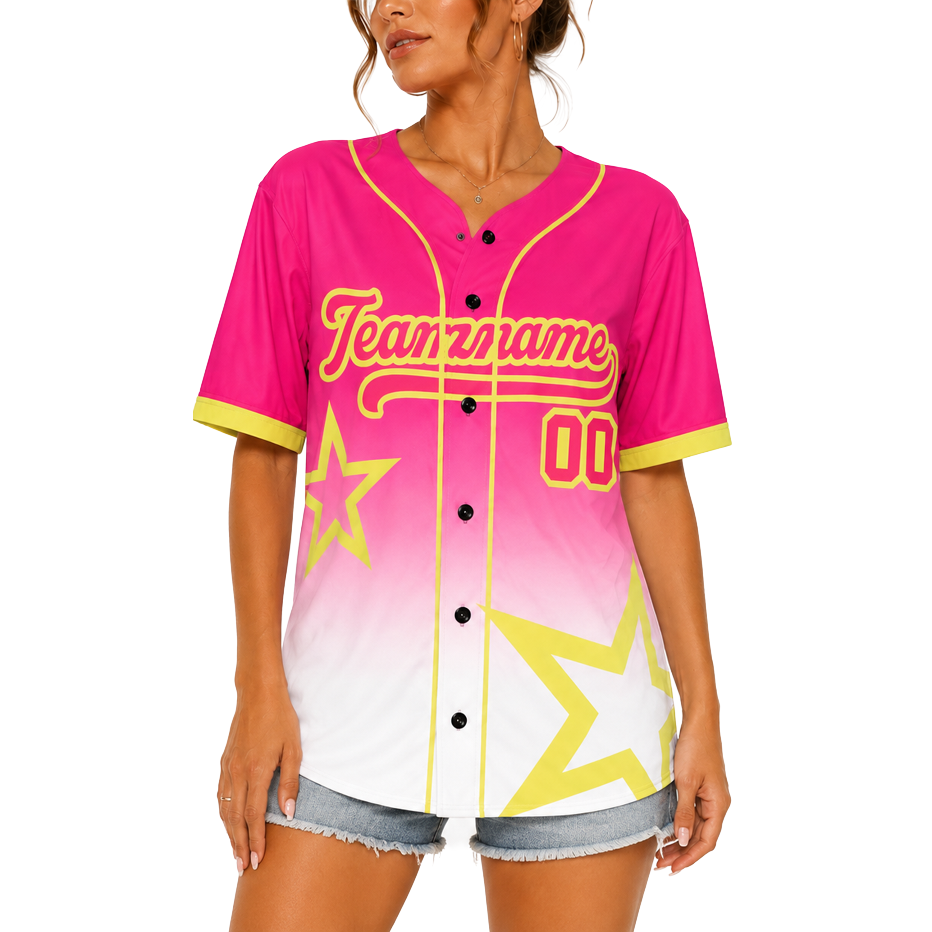 Custom Star Design Baseball Jersey Pink White and Yellow with Piping - Design Your Own
