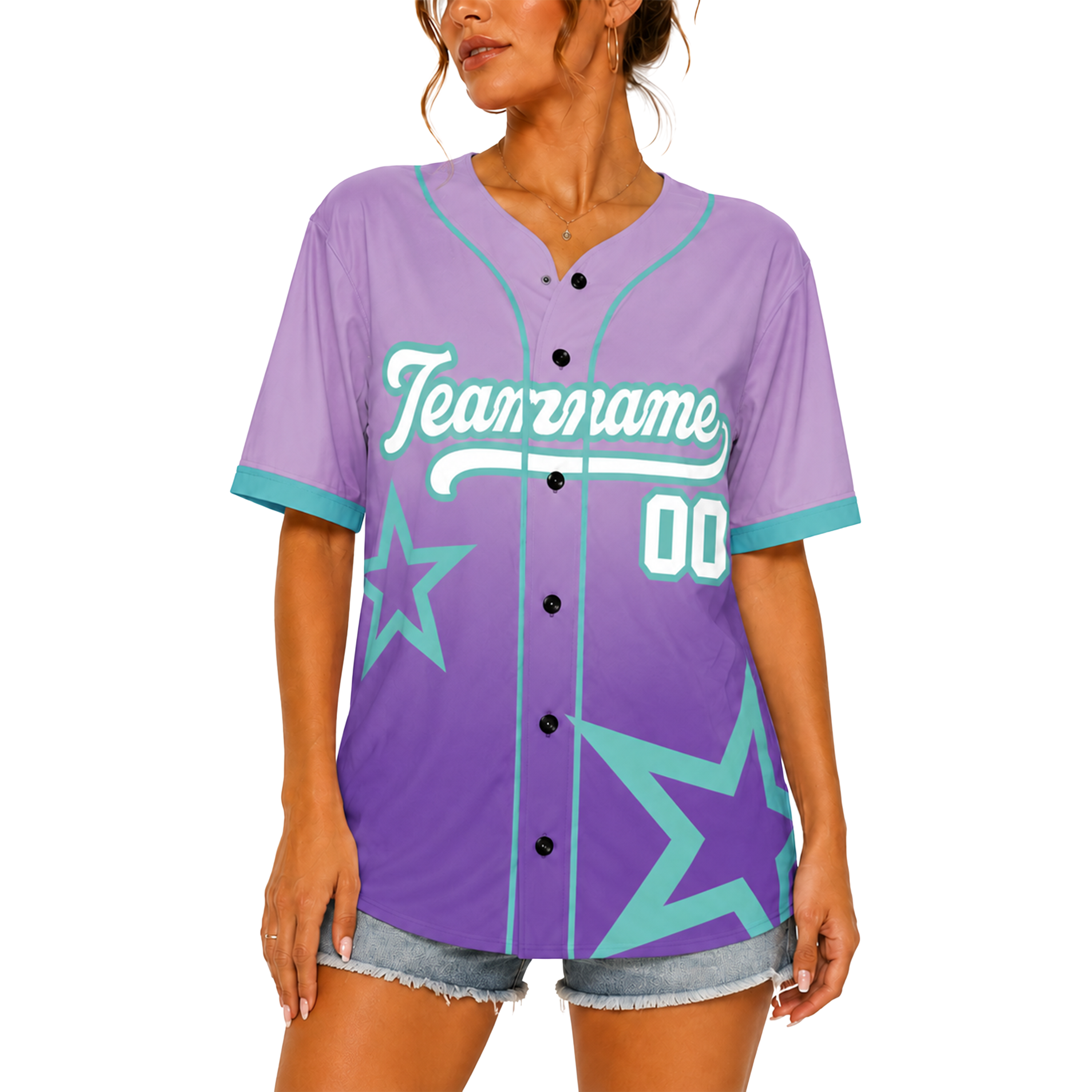 Custom Star Design Baseball Jersey Lavender Purple and Aqua with Piping - Design Your Own