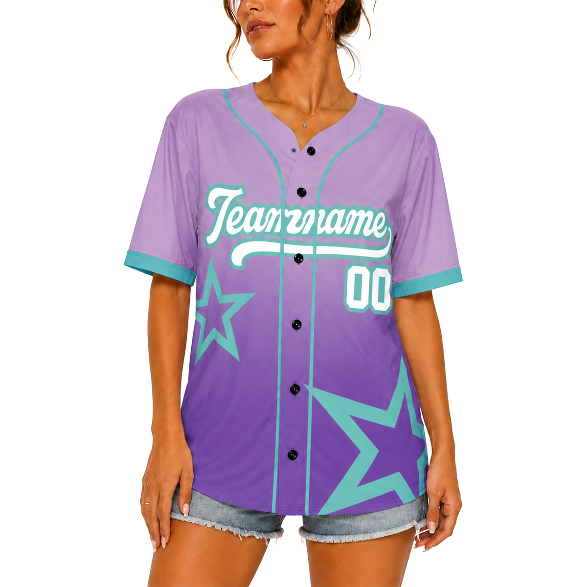 Custom Star Design Baseball Jersey Lavender Purple and Aqua with Piping - Design Your Own