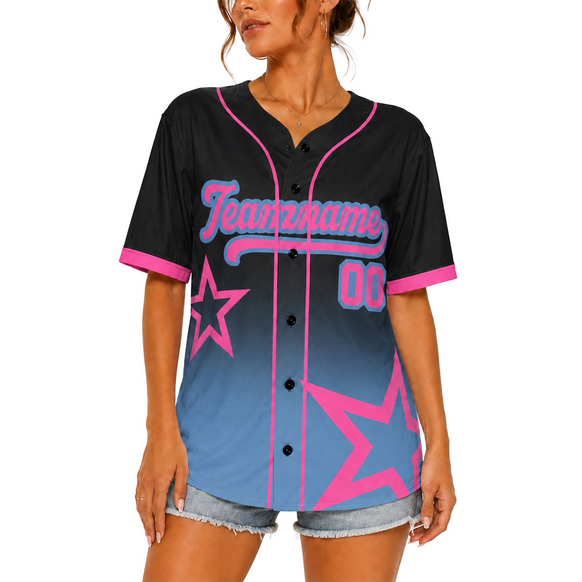 Custom Star Design Baseball Jersey Black Light Blue and Pink with Piping - Design Your Own