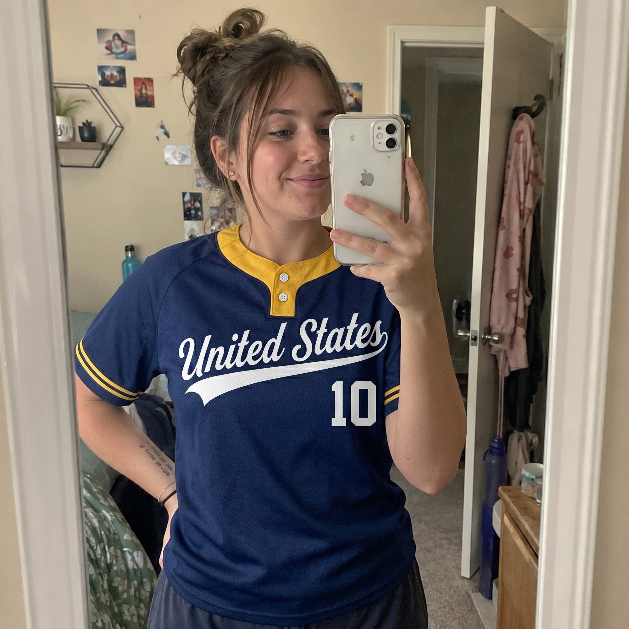 Custom Two Button Softball Jersey Navy, Gold and White – Design Your Own